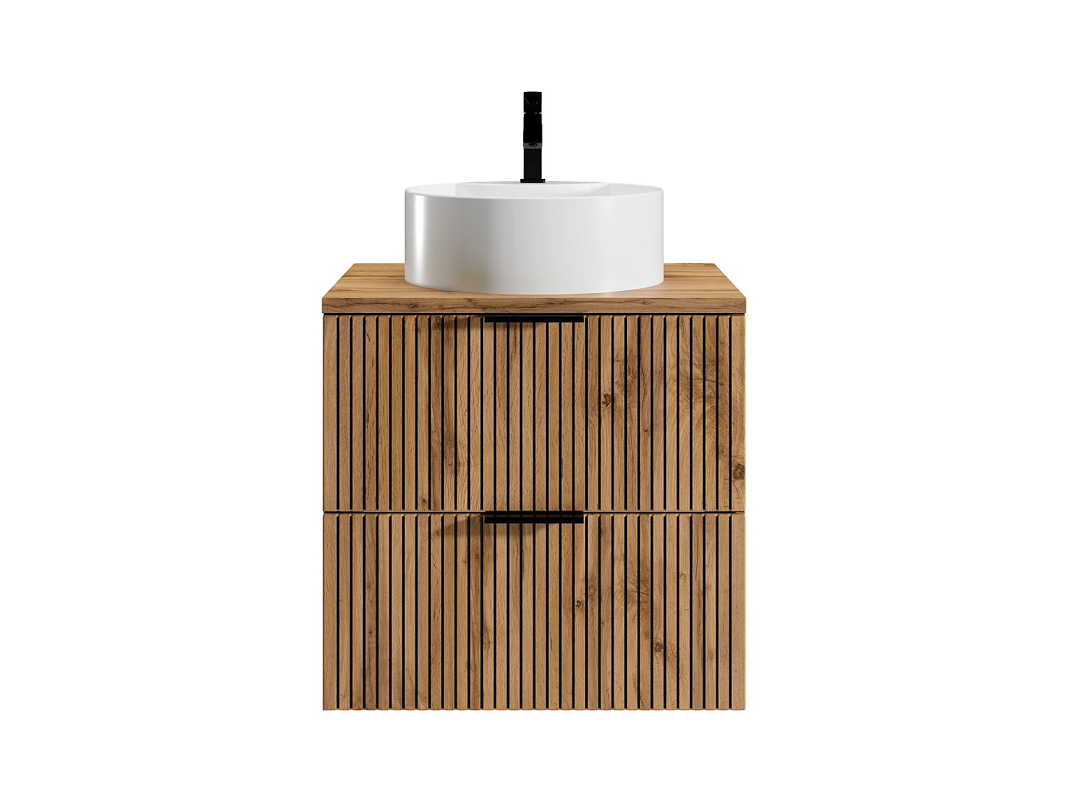 Meuble de salle de bain suspendu strié avec vasque à poser ronde - Naturel clair et noir - 60 cm - MADELA