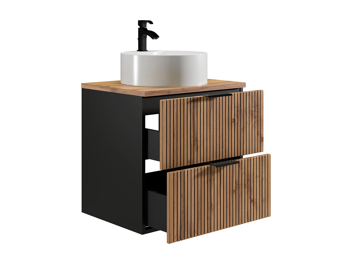 Meuble de salle de bain suspendu strié avec vasque à poser ronde - Naturel clair et noir - 60 cm - MADELA