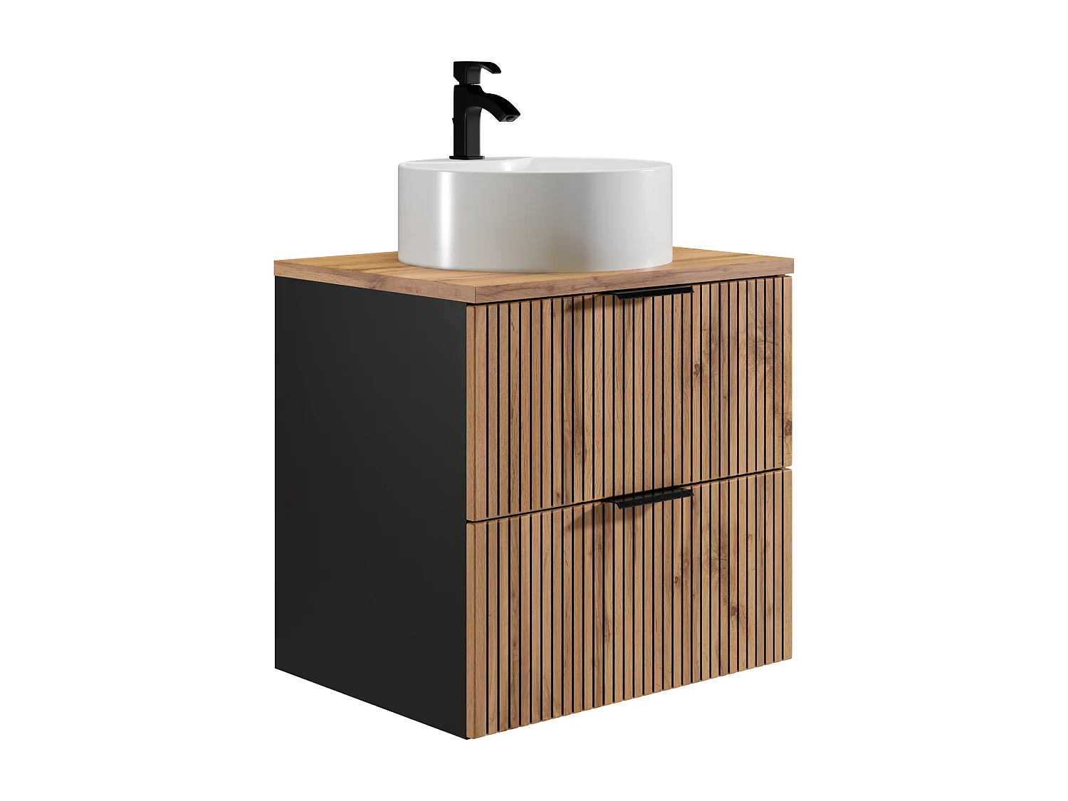 Meuble de salle de bain suspendu strié avec vasque à poser ronde - Naturel clair et noir - 60 cm - MADELA