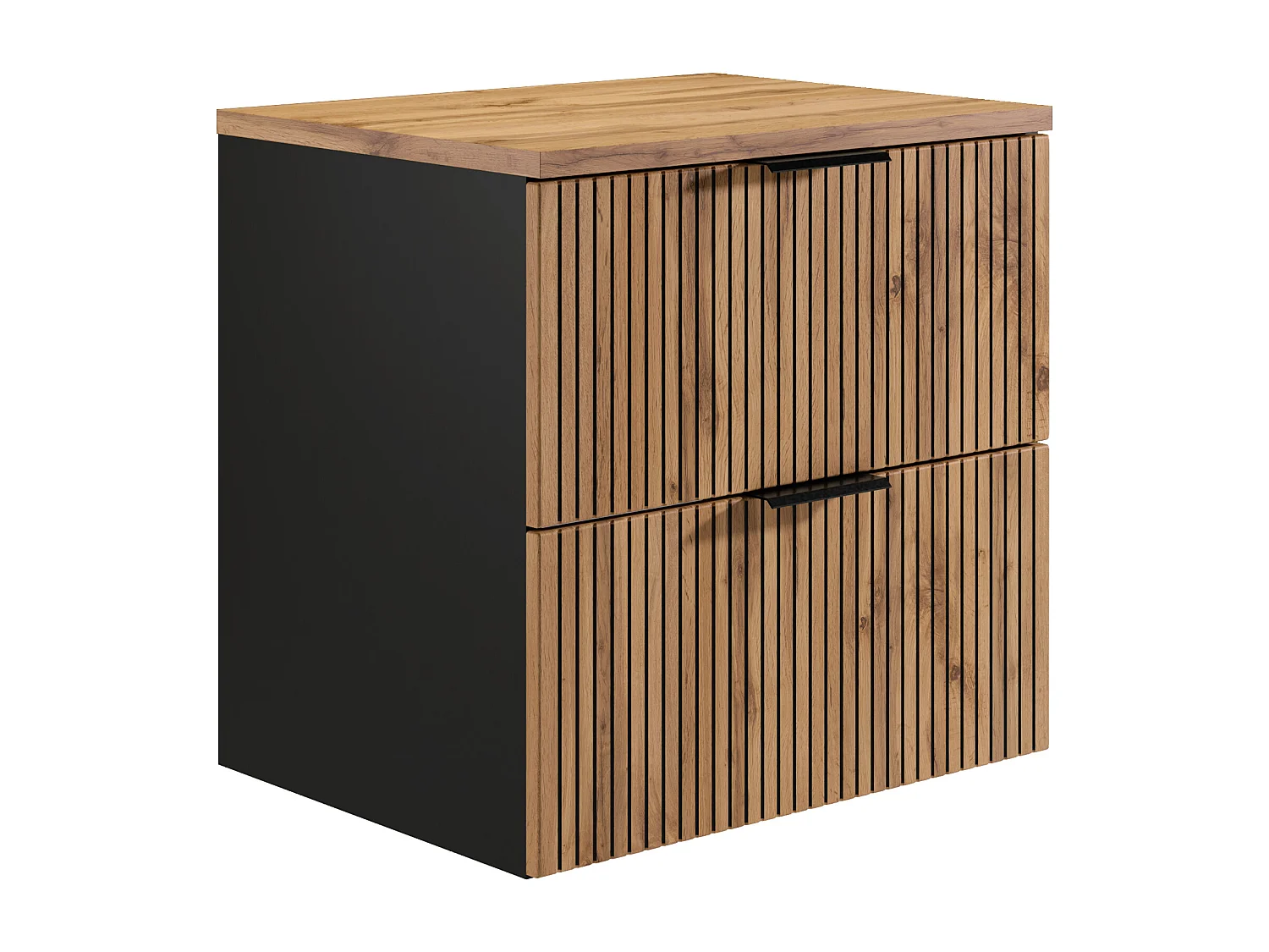 Meuble de salle de bain suspendu strié avec vasque à poser ronde - Naturel clair et noir - 60 cm - MADELA