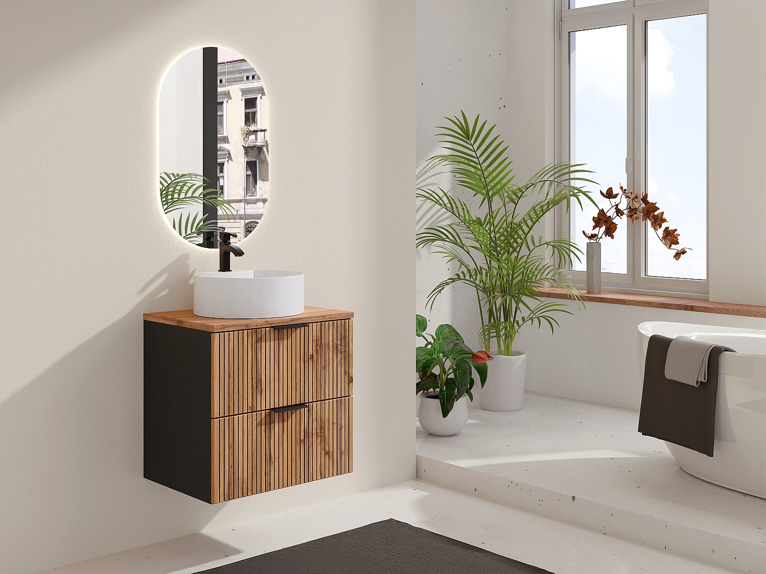 Waschtischunterschrank hängend mit geriffelter Oberfläche und rundem Aufsat günstig online kaufen