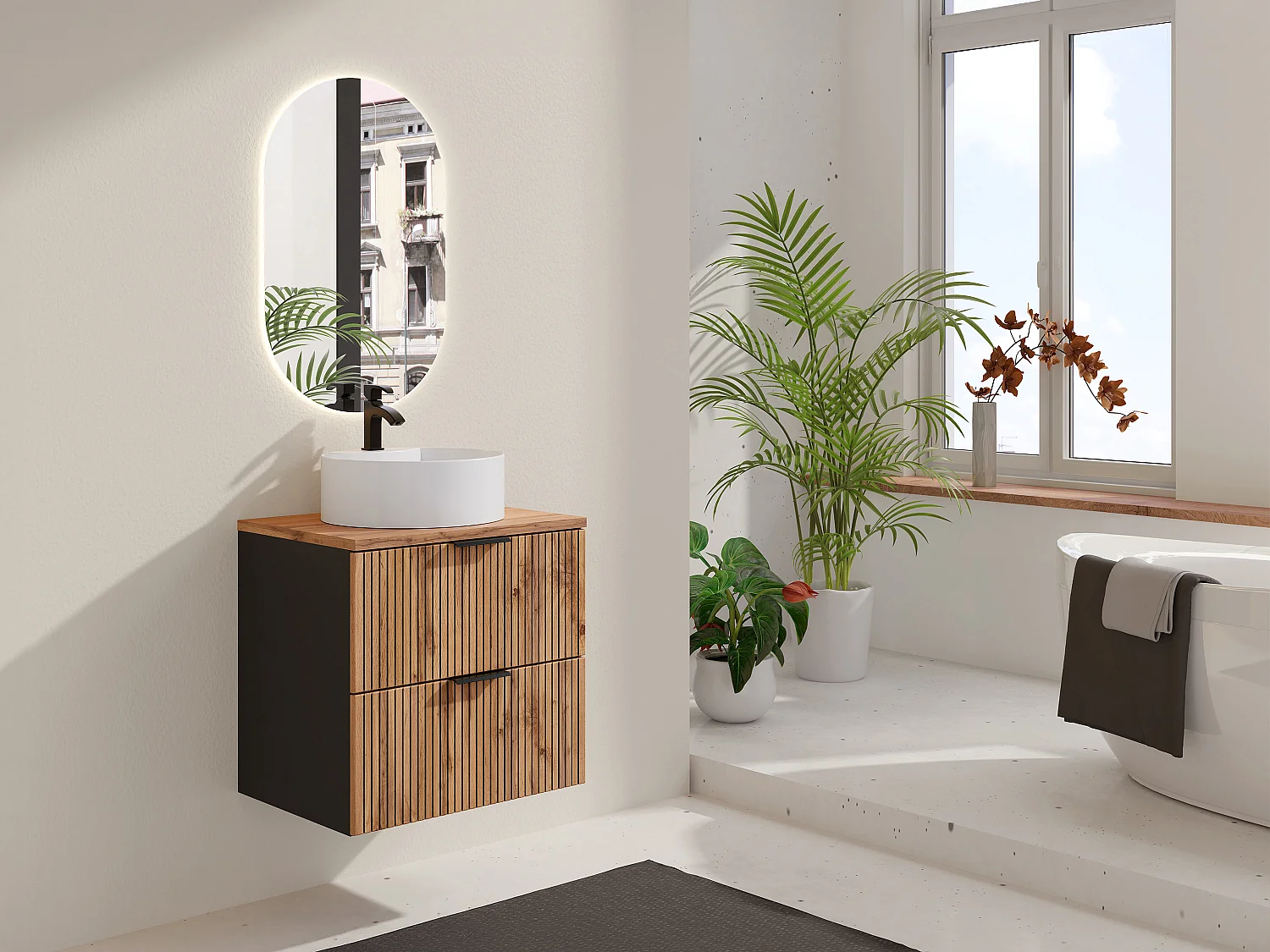 Meuble de salle de bain suspendu strié avec vasque à poser ronde - Naturel clair et noir - 60 cm - MADELA