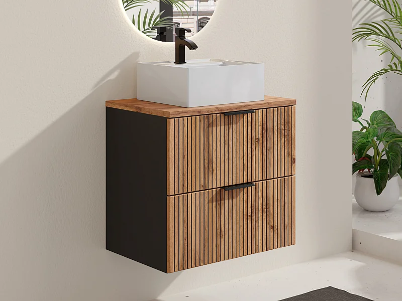 Meuble de salle de bain suspendu strié avec vasque à poser carrée - Naturel clair et noir - 60 cm - MADELA