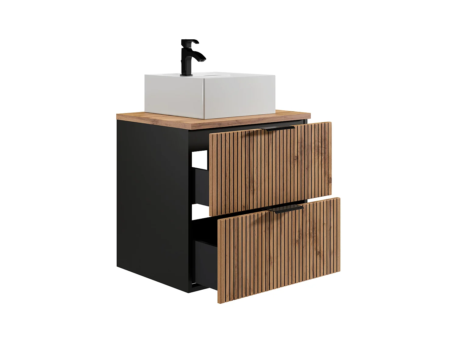 Meuble de salle de bain suspendu strié avec vasque à poser carrée - Naturel clair et noir - 60 cm - MADELA