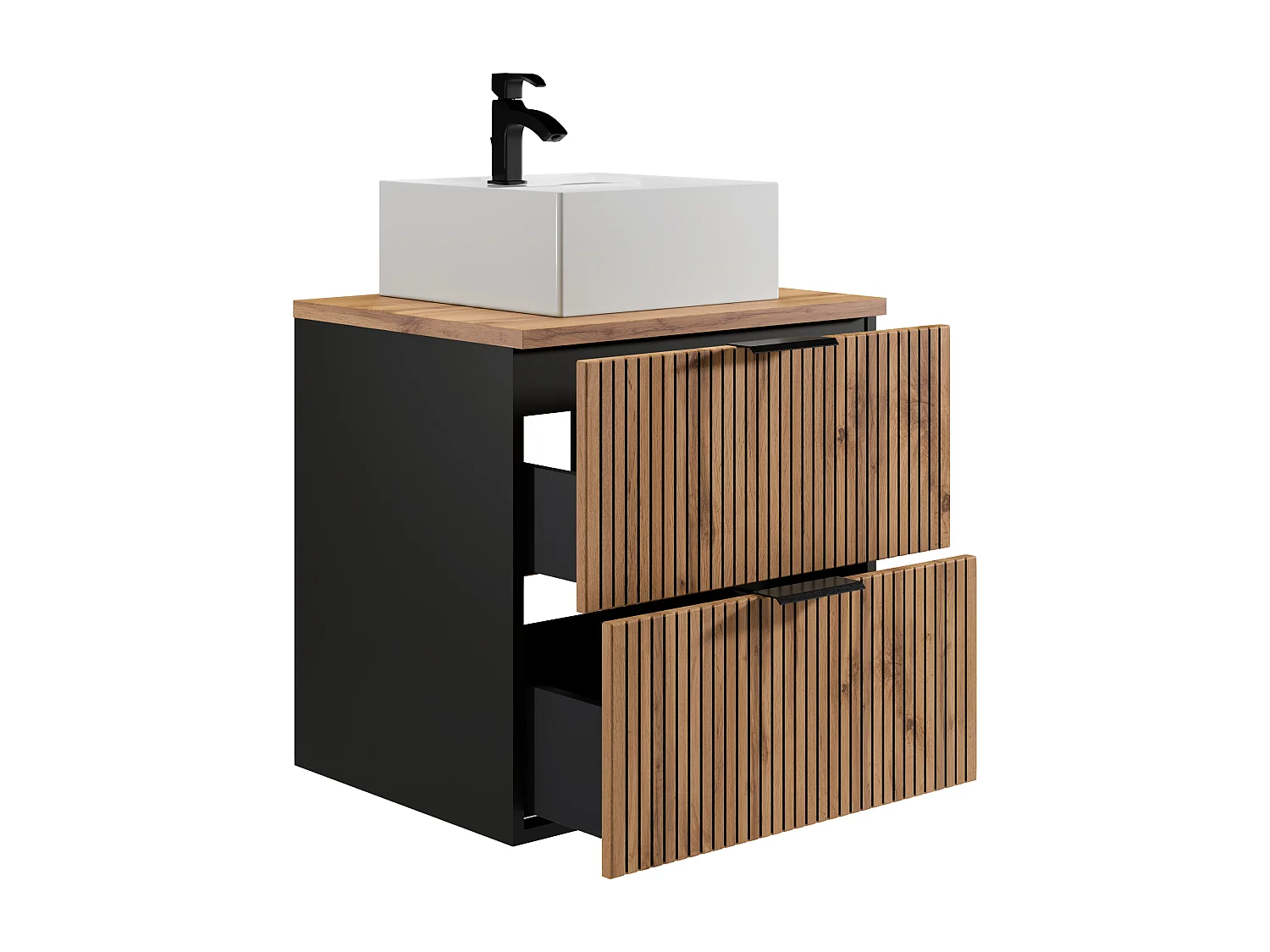 Meuble de salle de bain suspendu strié avec vasque à poser carrée - Naturel clair et noir - 60 cm - MADELA