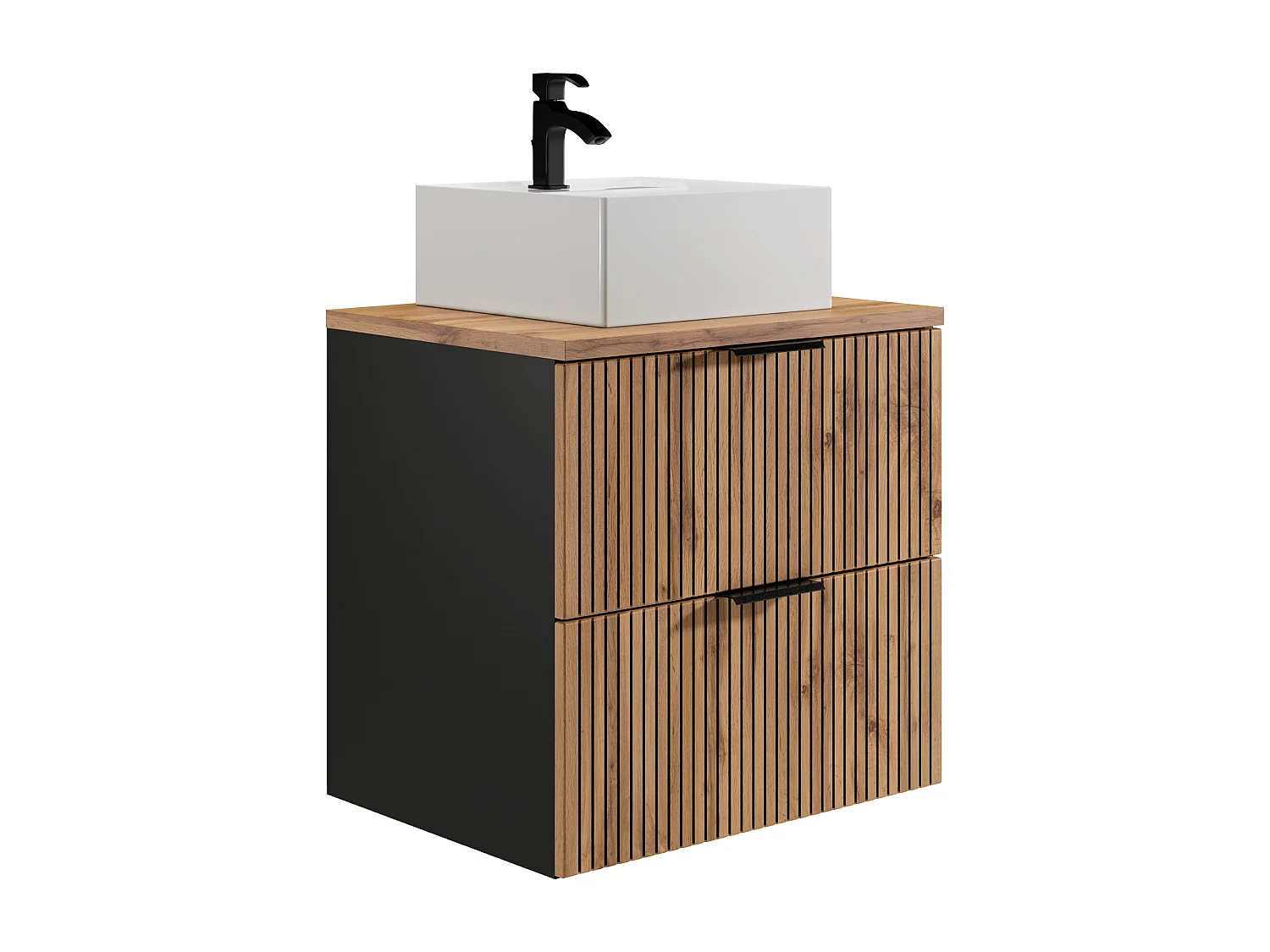 Meuble de salle de bain suspendu strié avec vasque à poser carrée - Naturel clair et noir - 60 cm - MADELA