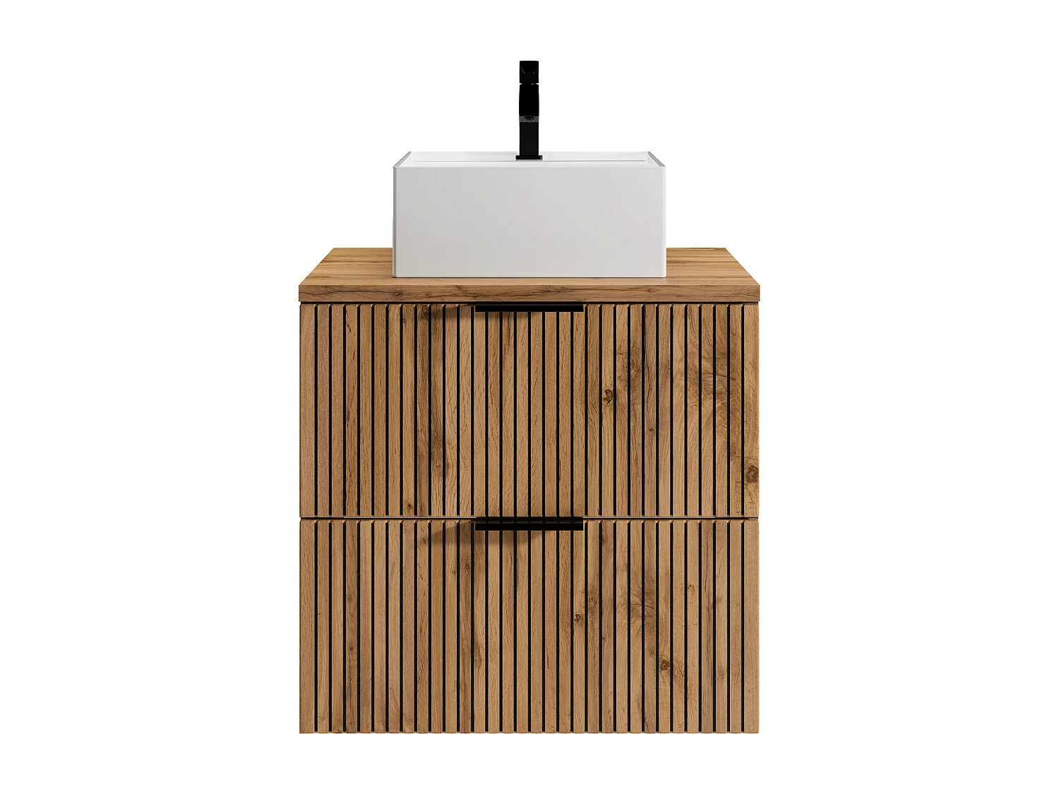 Meuble de salle de bain suspendu strié avec vasque à poser carrée - Naturel clair et noir - 60 cm - MADELA