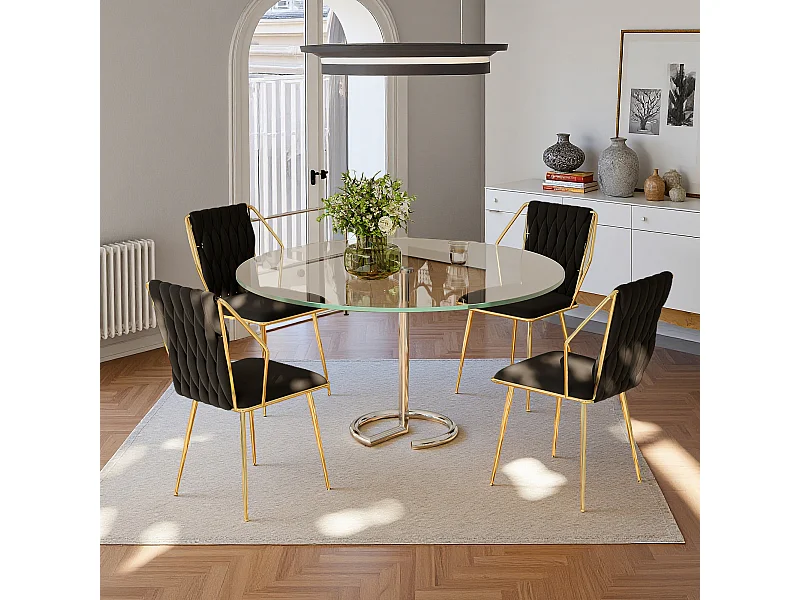 Lot de 2 chaises de salle à manger avec chaises avec accoudoirs et dossier - avec pieds en métal or - tissu en velours, Scandinave - noir