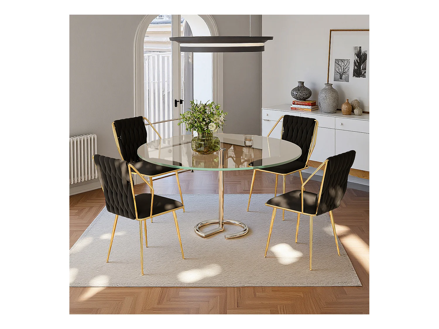 Lot de 2 chaises de salle à manger avec chaises avec accoudoirs et dossier - avec pieds en métal or - tissu en velours, Scandinave - noir