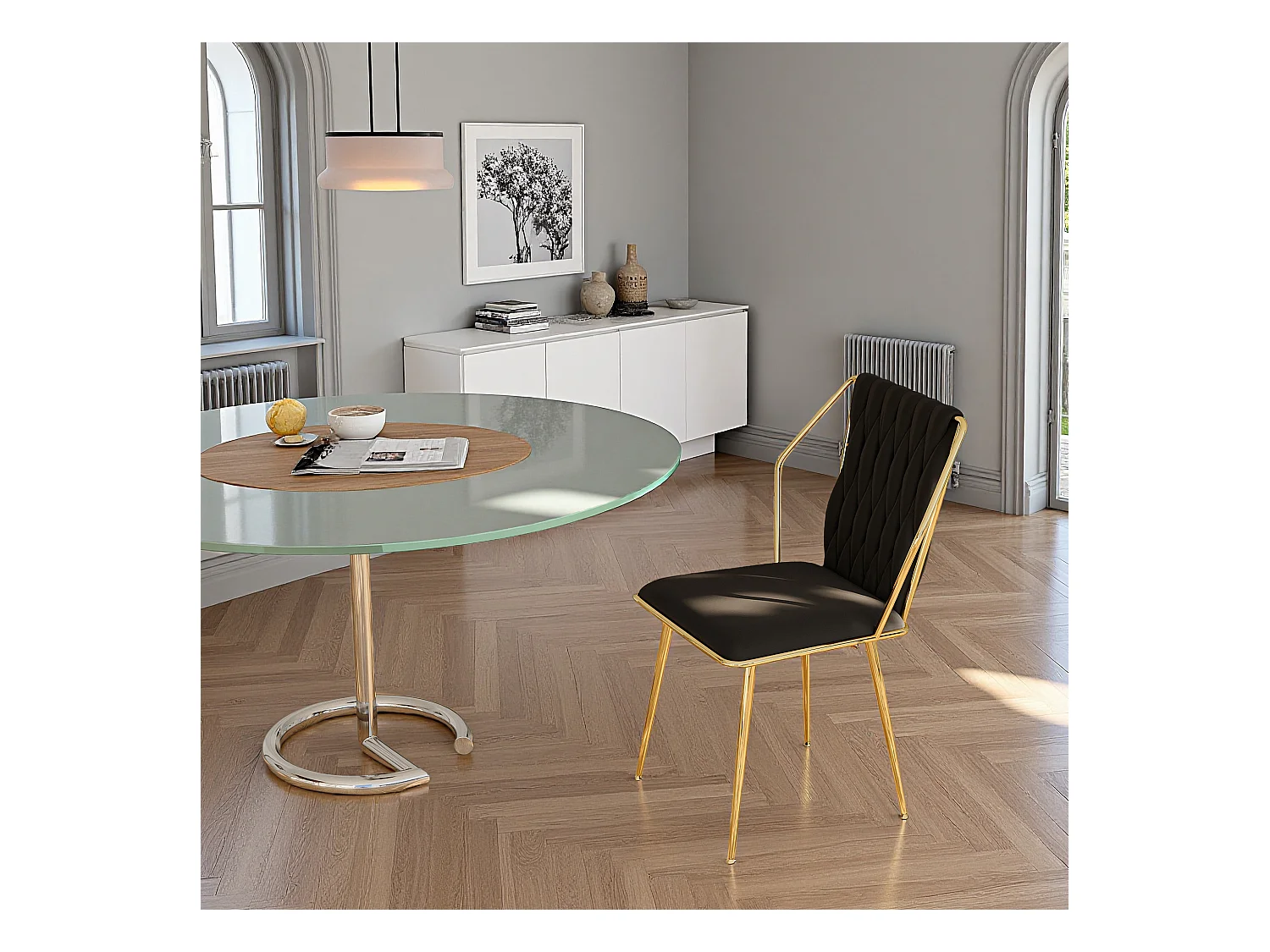 Lot de 2 chaises de salle à manger avec chaises avec accoudoirs et dossier - avec pieds en métal or - tissu en velours, Scandinave - noir