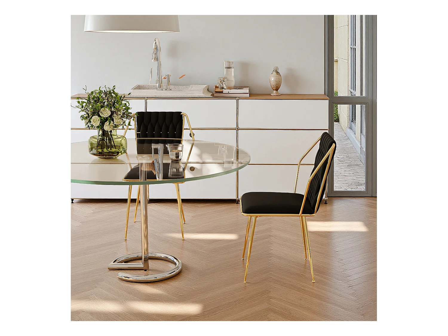 Lot de 2 chaises de salle à manger avec chaises avec accoudoirs et dossier - avec pieds en métal or - tissu en velours, Scandinave - noir