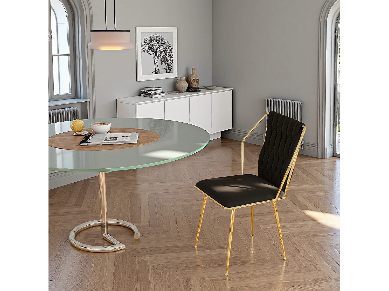 Lot de 2 chaises de salle à manger avec chaises avec accoudoirs et dossier - avec pieds en métal or - tissu en velours, Scandinave - noir