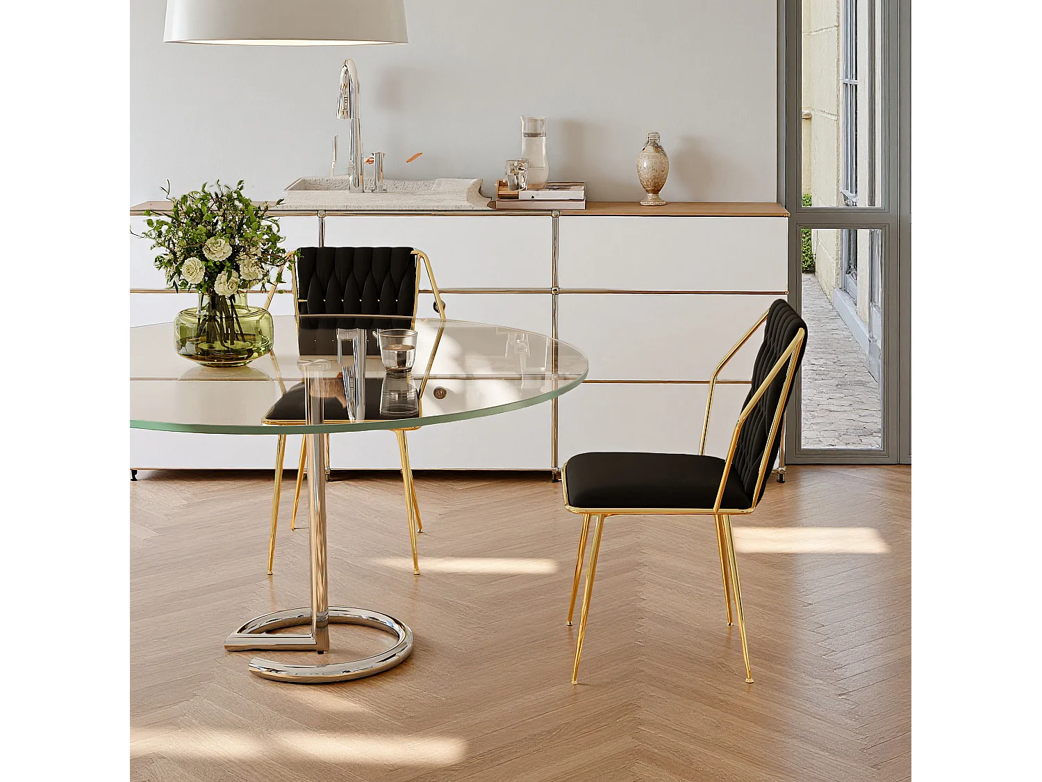 Lot de 2 chaises de salle à manger avec chaises avec accoudoirs et dossier - avec pieds en métal or - tissu en velours, Scandinave - noir