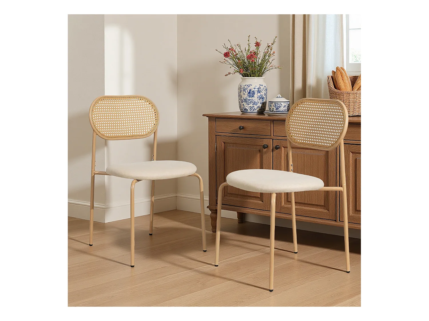 Lot de 2 chaises de salle à manger - chaise au dosseret en simili-rotin - avec pieds en métal - tissu en PU, Scandinave - Marron