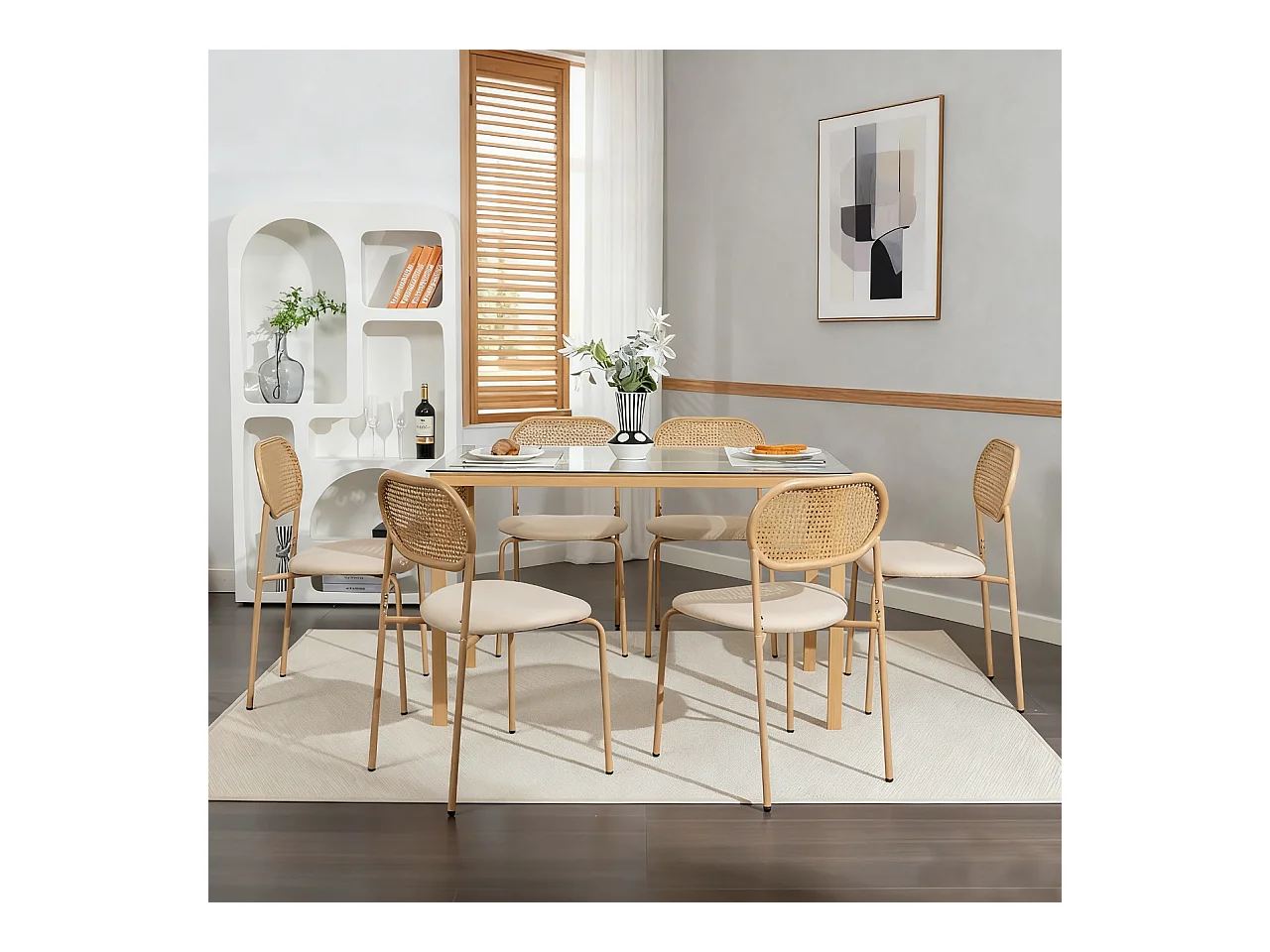 Lot de 2 chaises de salle à manger - chaise au dosseret en simili-rotin - avec pieds en métal - tissu en PU, Scandinave - Marron