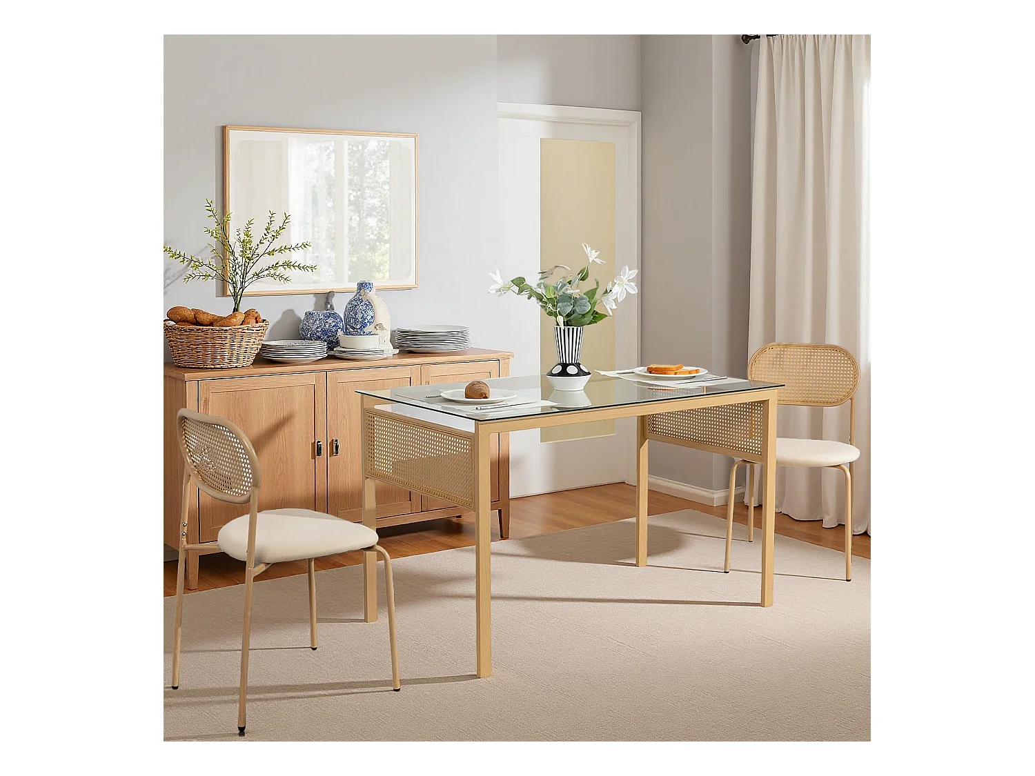 Lot de 2 chaises de salle à manger - chaise au dosseret en simili-rotin - avec pieds en métal - tissu en PU, Scandinave - Marron