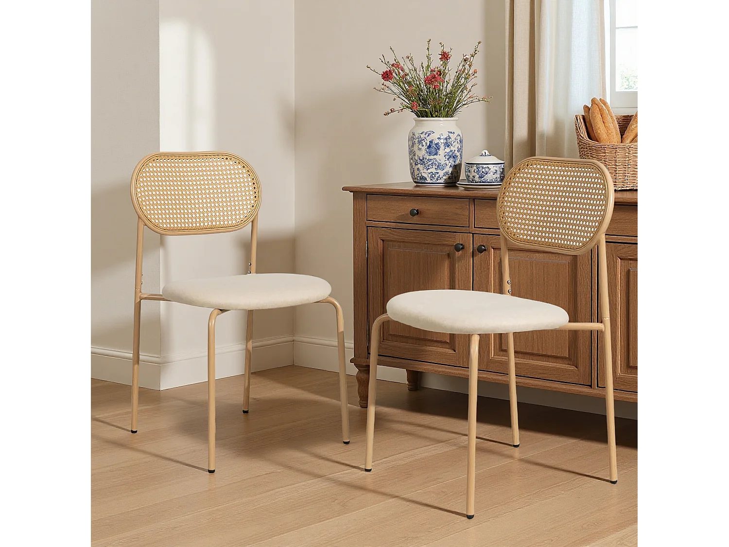 Lot de 2 chaises de salle à manger - chaise au dosseret en simili-rotin - avec pieds en métal - tissu en PU, Scandinave - Marron