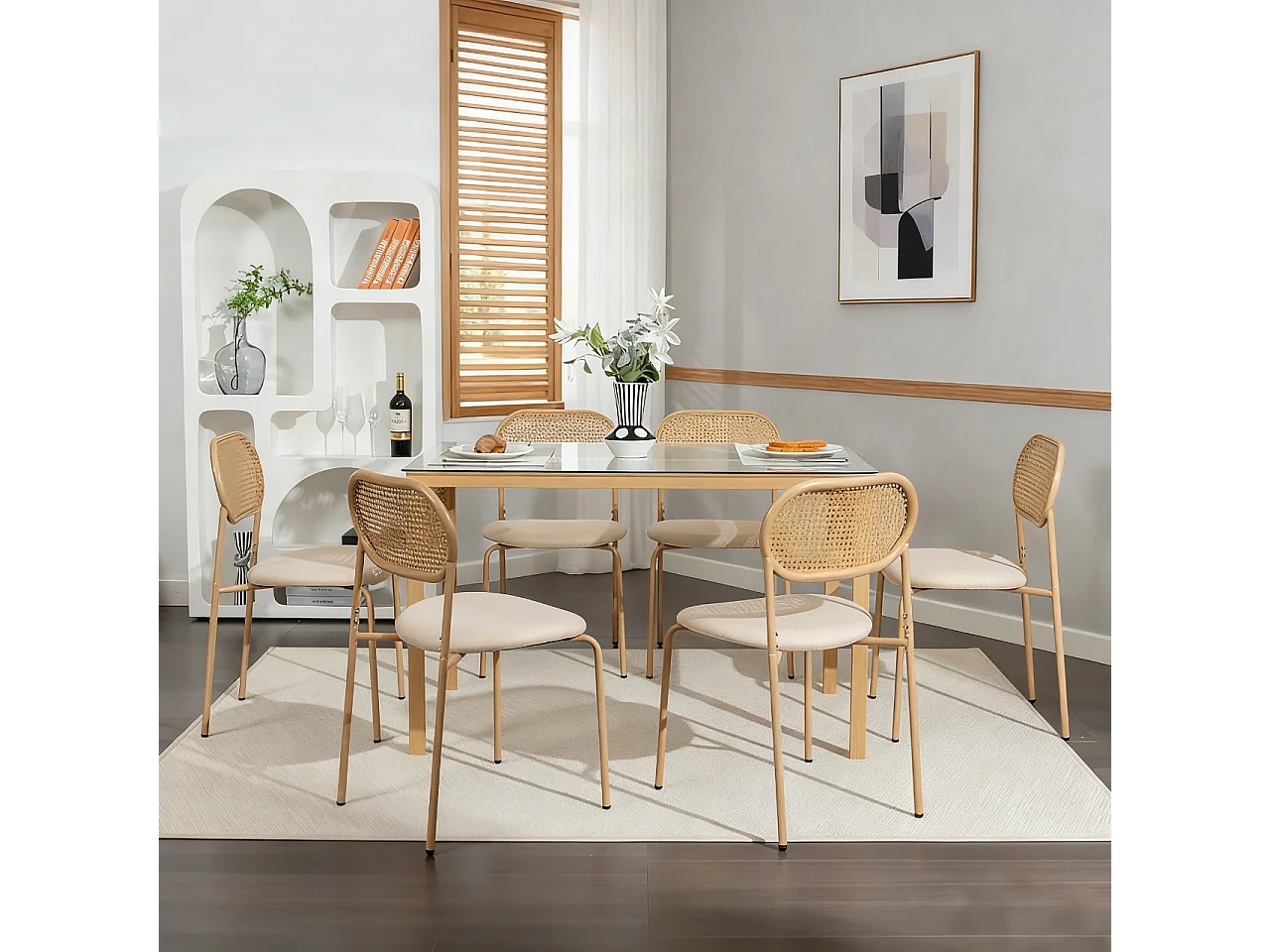 Lot de 2 chaises de salle à manger - chaise au dosseret en simili-rotin - avec pieds en métal - tissu en PU, Scandinave - Marron