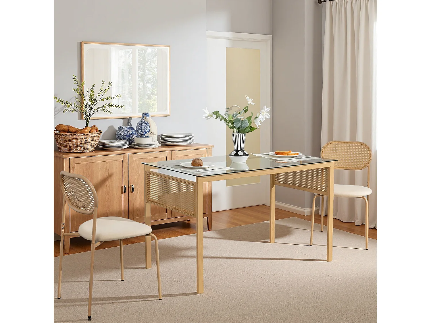 Lot de 2 chaises de salle à manger - chaise au dosseret en simili-rotin - avec pieds en métal - tissu en PU, Scandinave - Marron