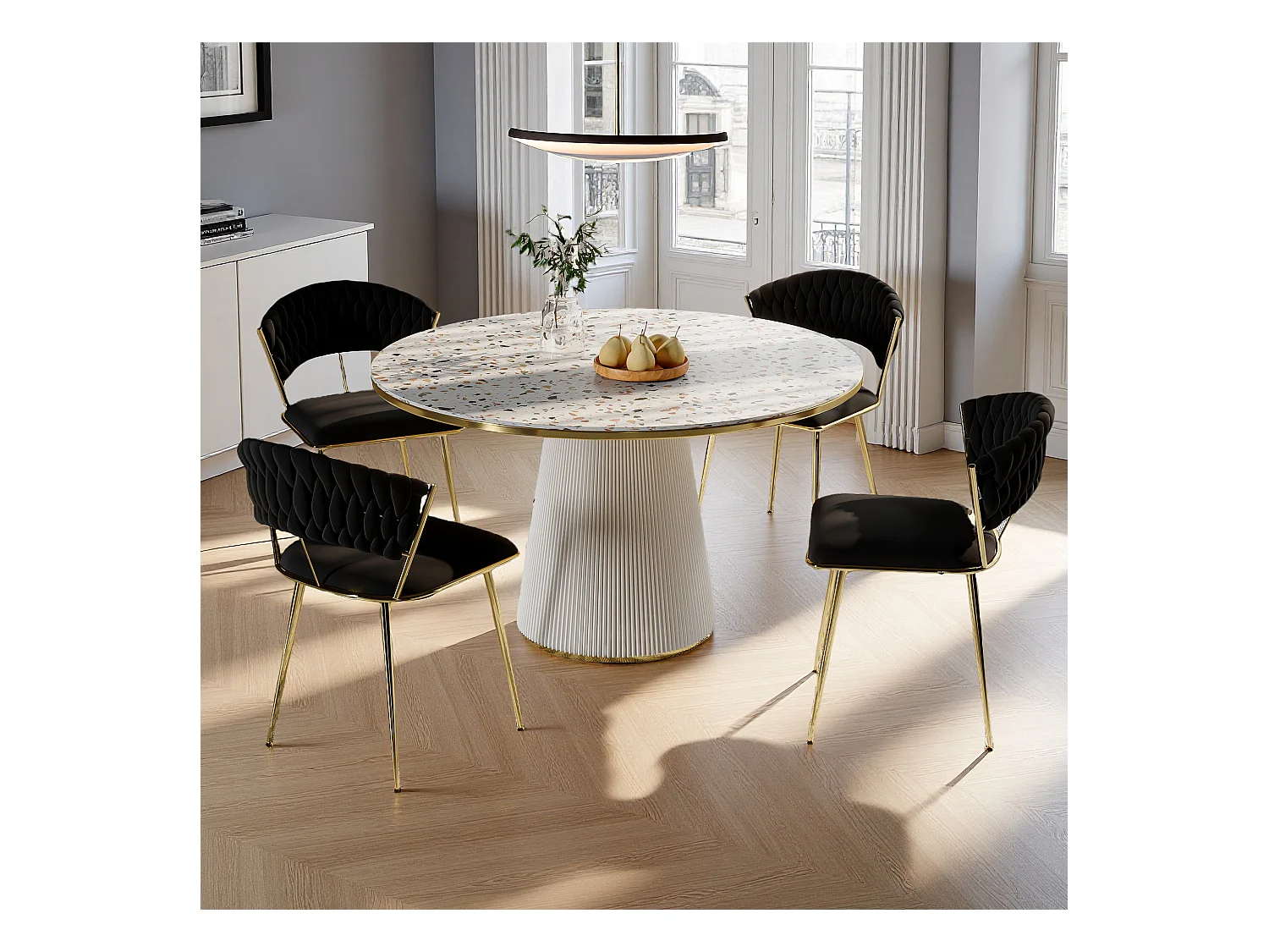 Lot de 2 chaises de salle à manger avec dossier - avec pieds en métal or - tissu en velours, Scandinave - noir