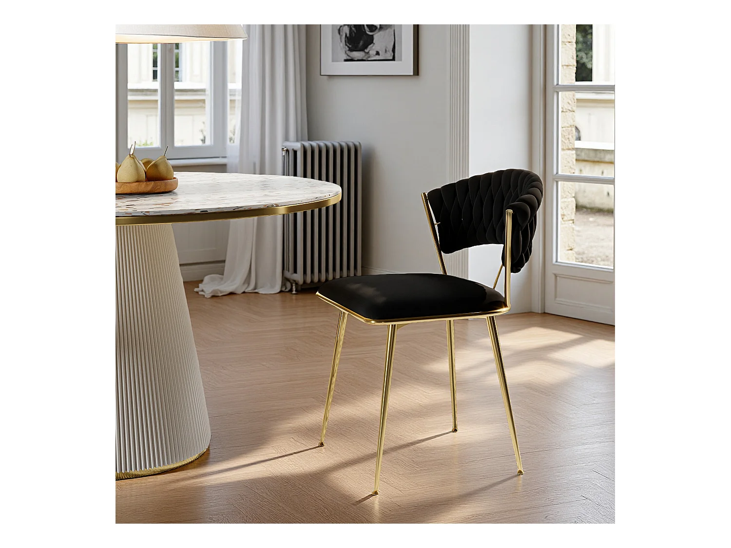 Lot de 2 chaises de salle à manger avec dossier - avec pieds en métal or - tissu en velours, Scandinave - noir