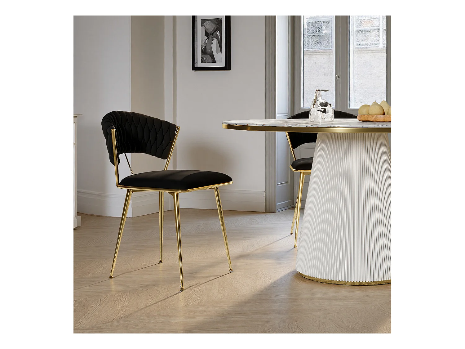 Lot de 2 chaises de salle à manger avec dossier - avec pieds en métal or - tissu en velours, Scandinave - noir