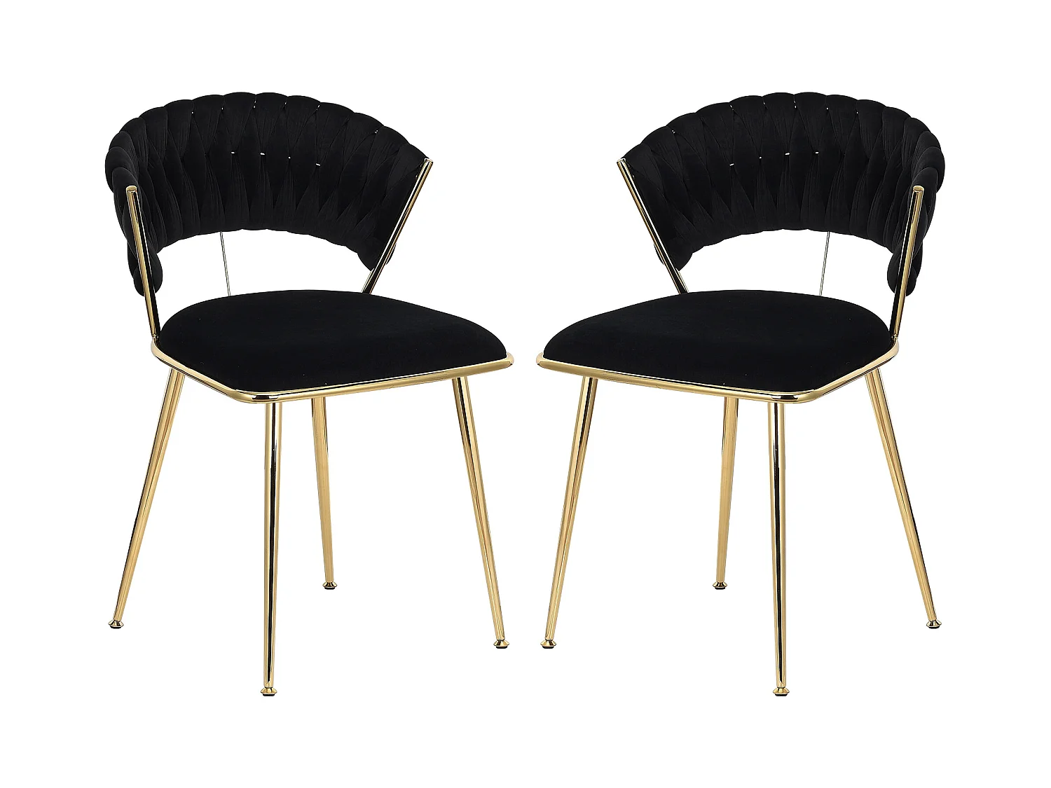 Lot de 2 chaises de salle à manger avec dossier - avec pieds en métal or - tissu en velours, Scandinave - noir