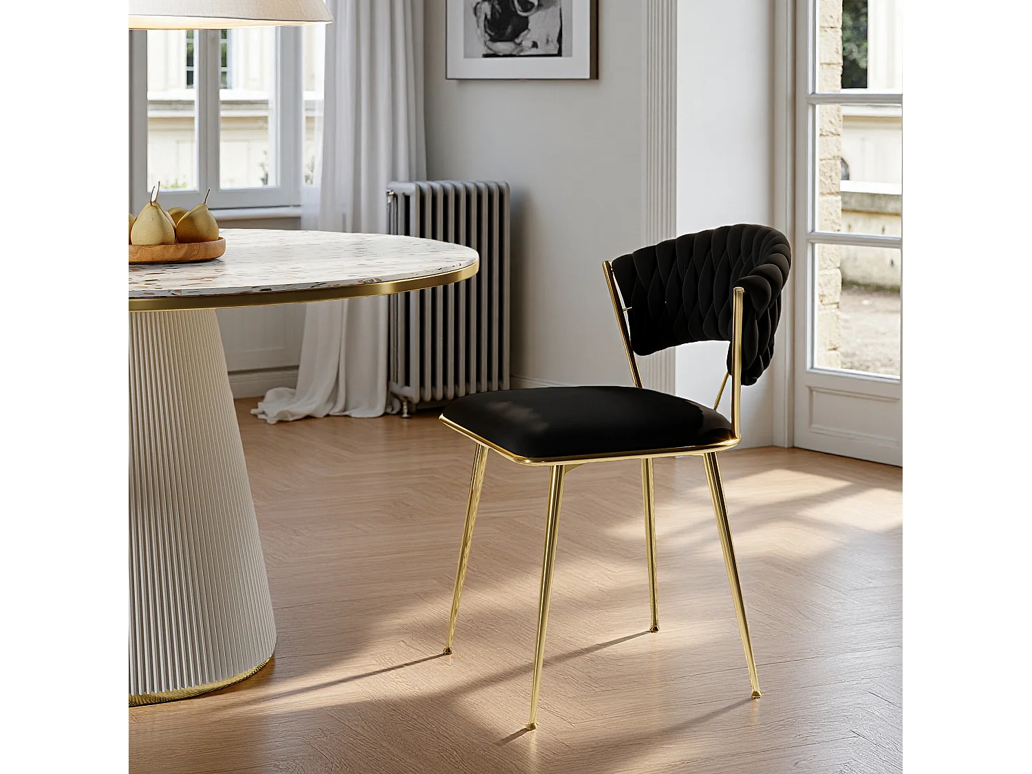 Lot de 2 chaises de salle à manger avec dossier - avec pieds en métal or - tissu en velours, Scandinave - noir
