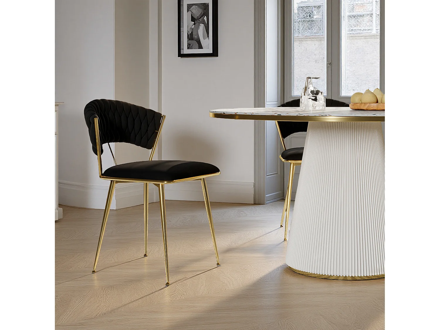 Lot de 2 chaises de salle à manger avec dossier - avec pieds en métal or - tissu en velours, Scandinave - noir