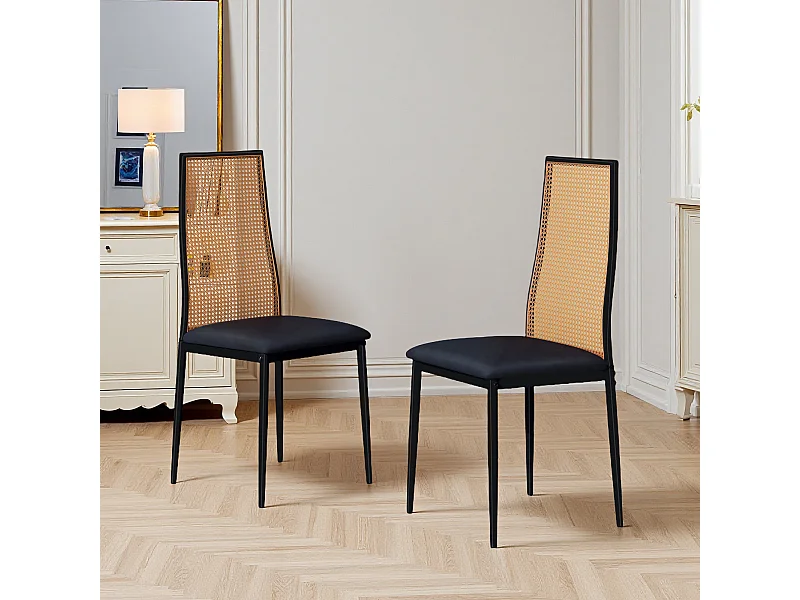 Lot de 2 chaises de salle à manger - chaise au dosseret en simili-rotin - avec pieds en métal noir - Scandinave - noir