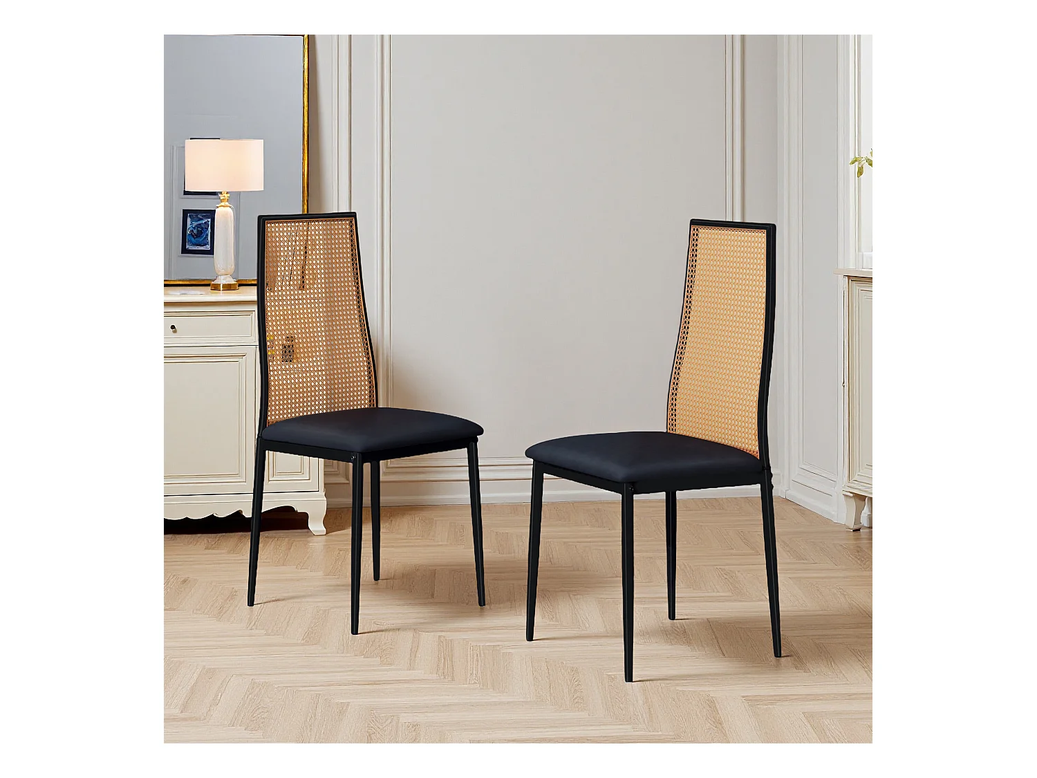 Lot de 2 chaises de salle à manger - chaise au dosseret en simili-rotin - avec pieds en métal noir - Scandinave - noir