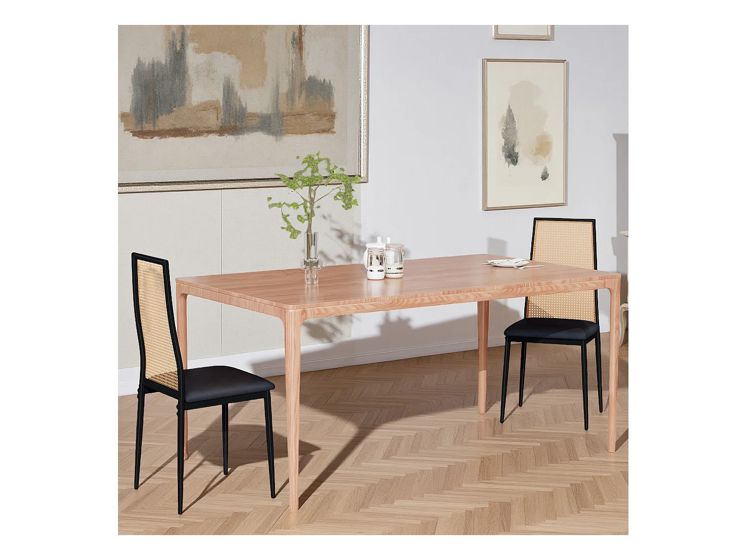 Lot de 2 chaises de salle à manger - chaise au dosseret en simili-rotin - avec pieds en métal noir - Scandinave - noir