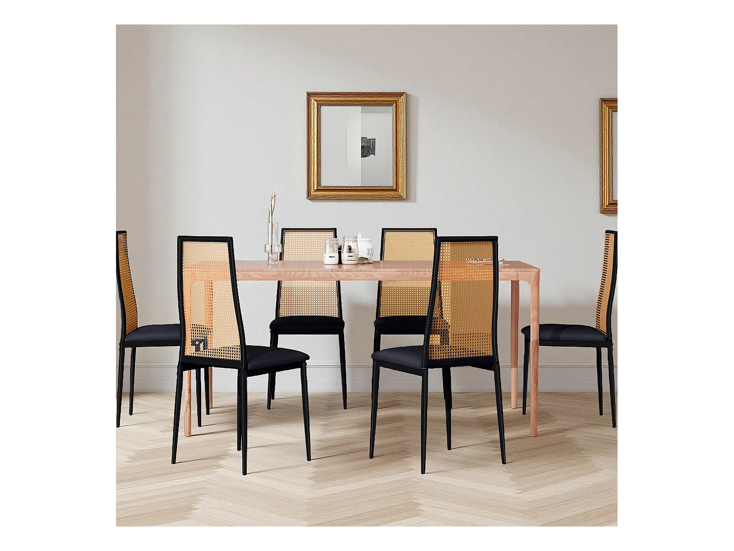 Lot de 2 chaises de salle à manger - chaise au dosseret en simili-rotin - avec pieds en métal noir - Scandinave - noir