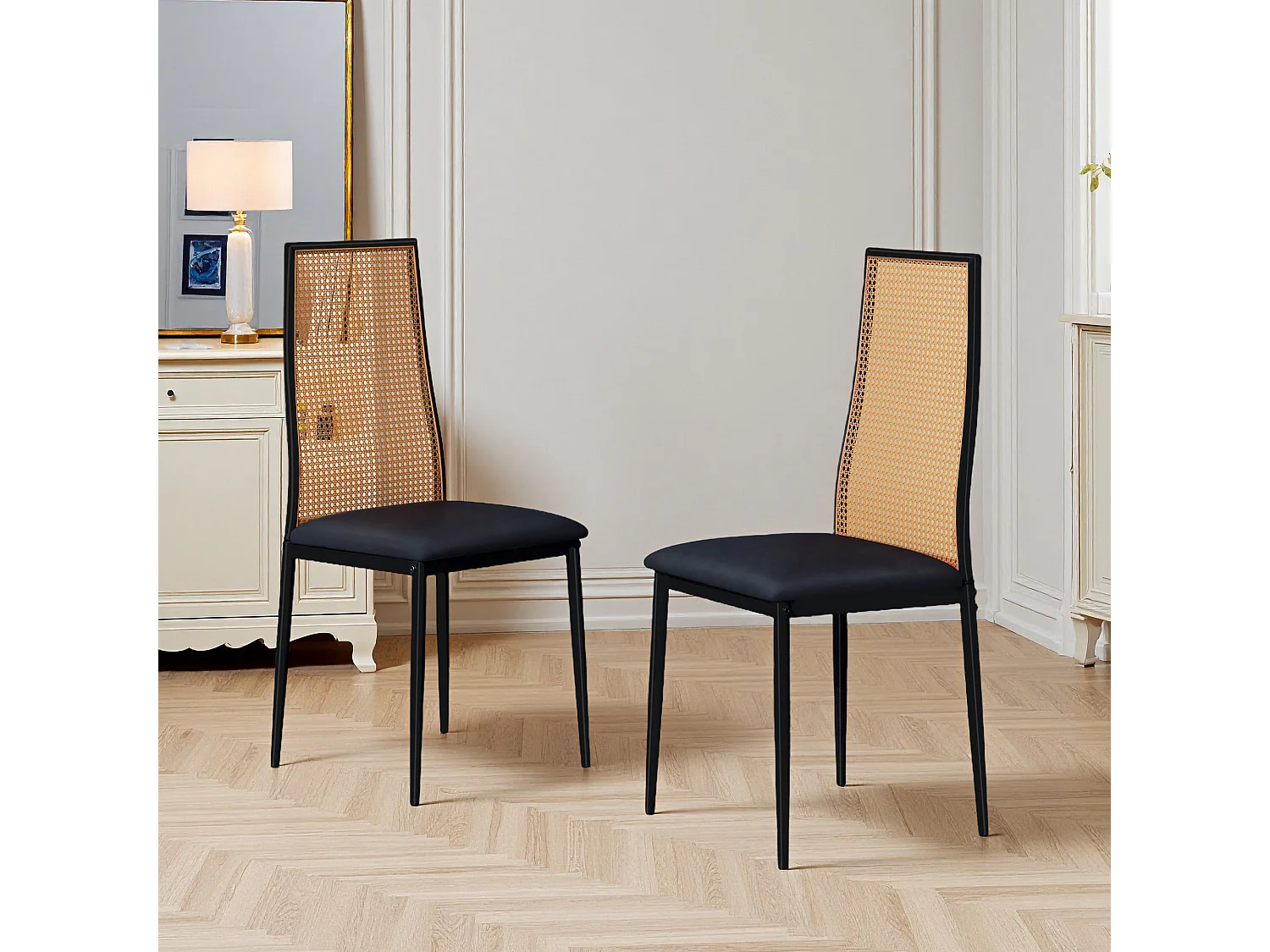 Lot de 2 chaises de salle à manger - chaise au dosseret en simili-rotin - avec pieds en métal noir - Scandinave - noir