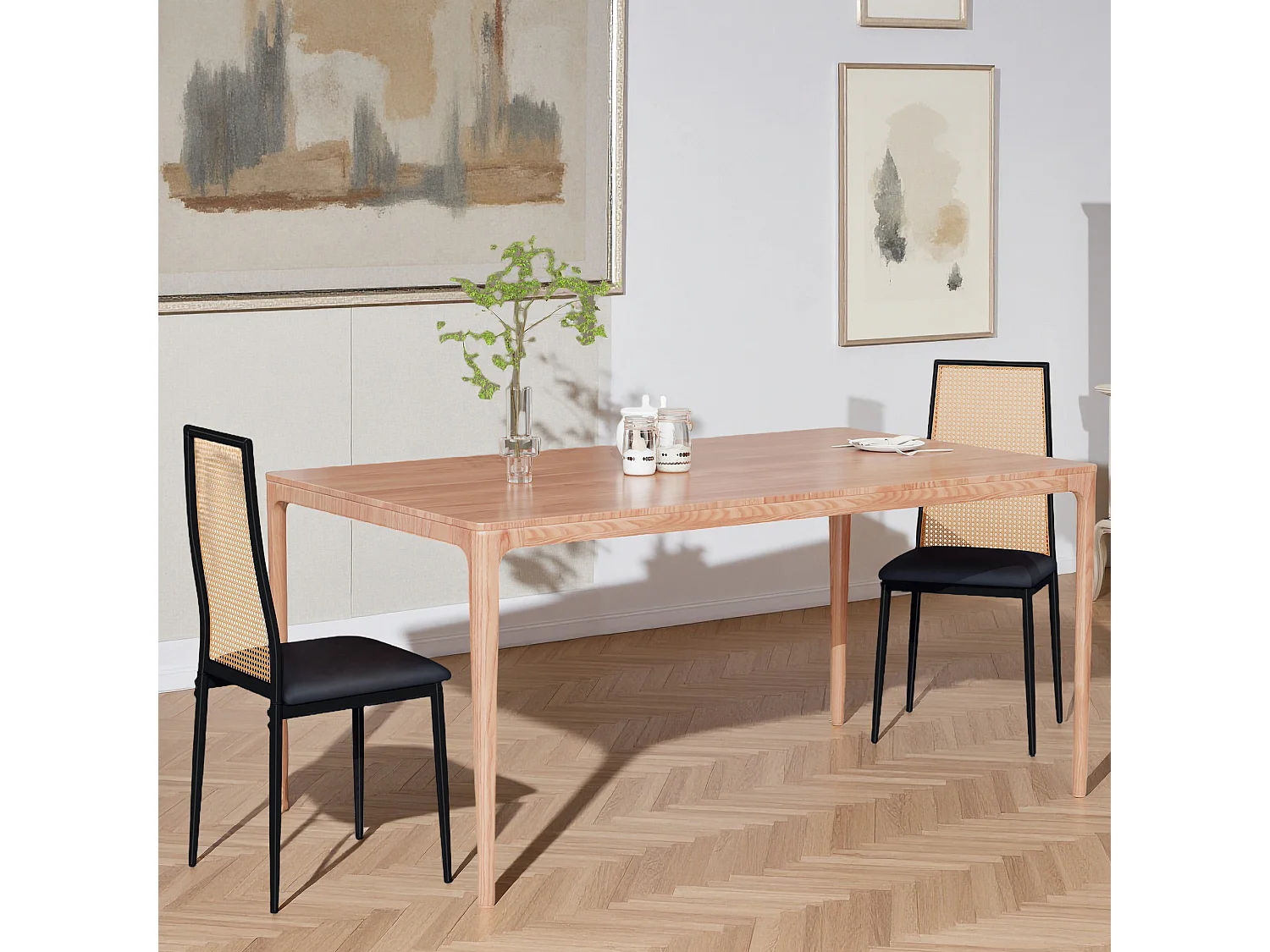 Lot de 2 chaises de salle à manger - chaise au dosseret en simili-rotin - avec pieds en métal noir - Scandinave - noir