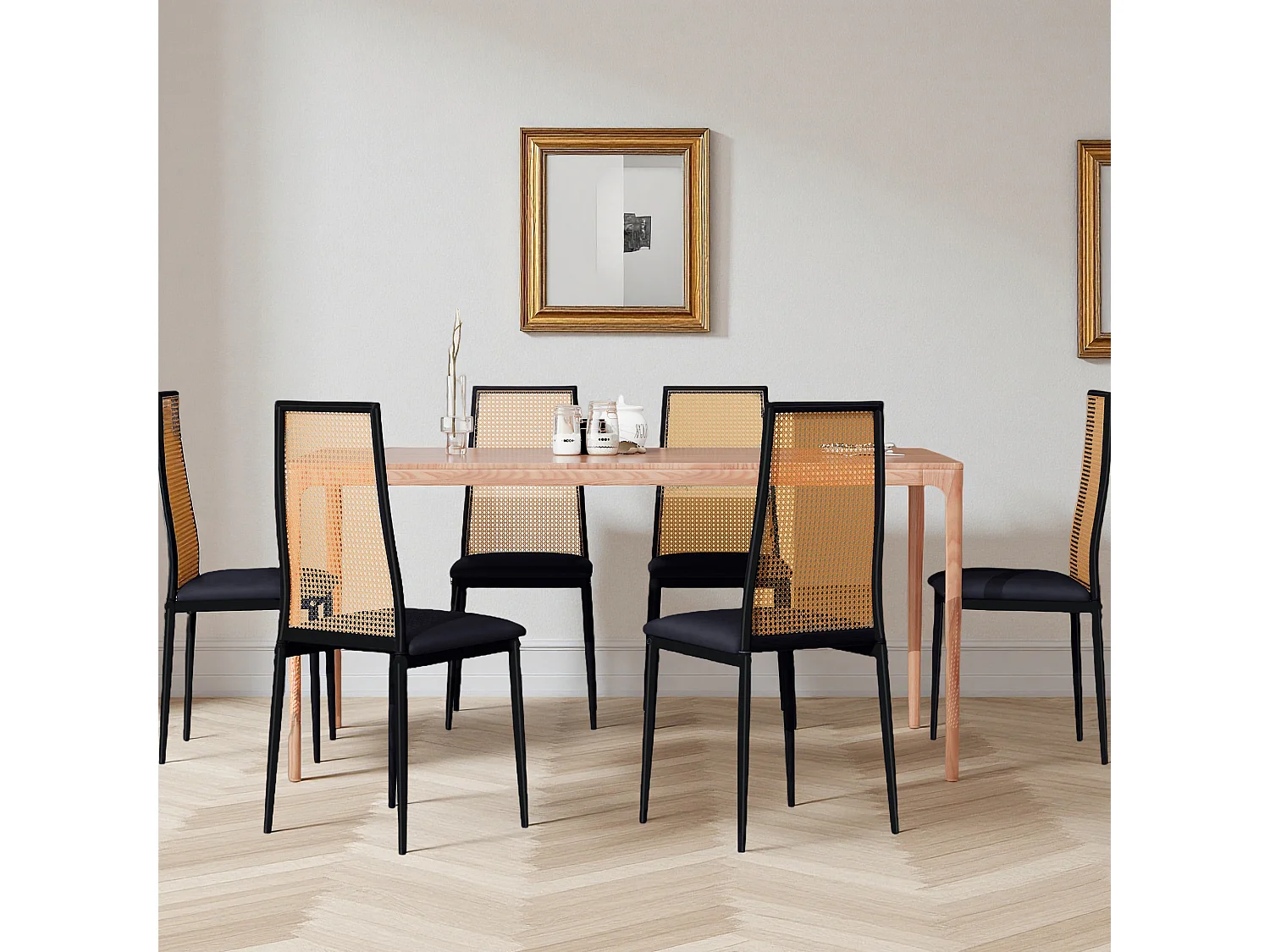 Lot de 2 chaises de salle à manger - chaise au dosseret en simili-rotin - avec pieds en métal noir - Scandinave - noir