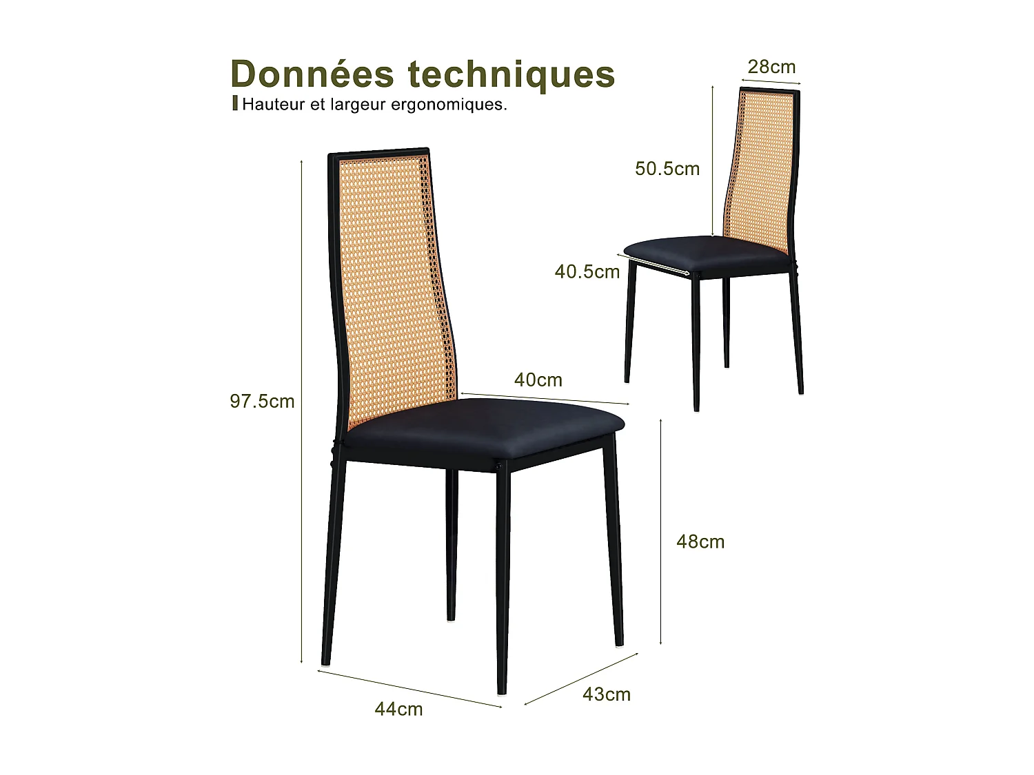 Lot de 2 chaises de salle à manger - chaise au dosseret en simili-rotin - avec pieds en métal noir - Scandinave - noir