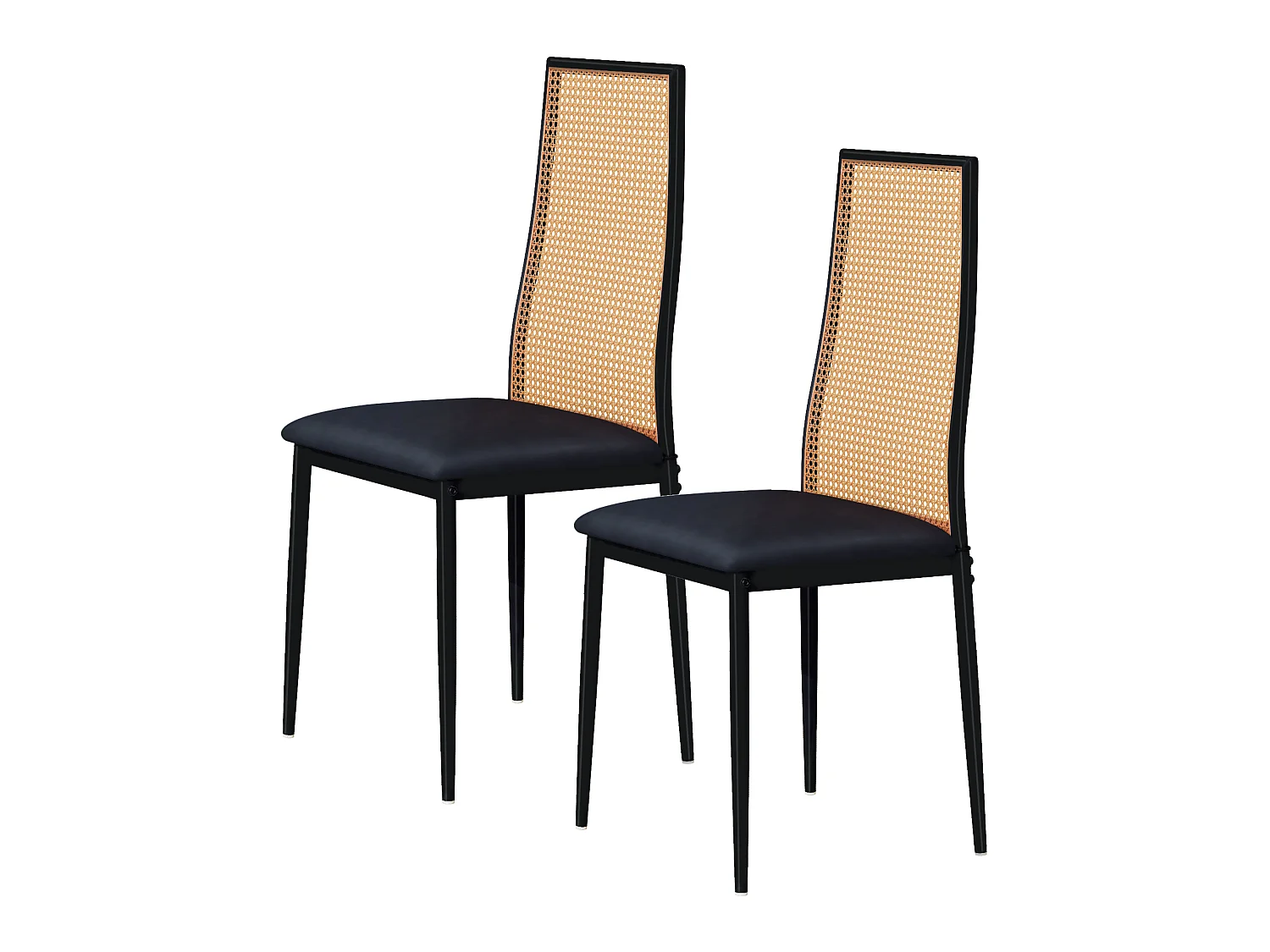 Lot de 2 chaises de salle à manger - chaise au dosseret en simili-rotin - avec pieds en métal noir - Scandinave - noir