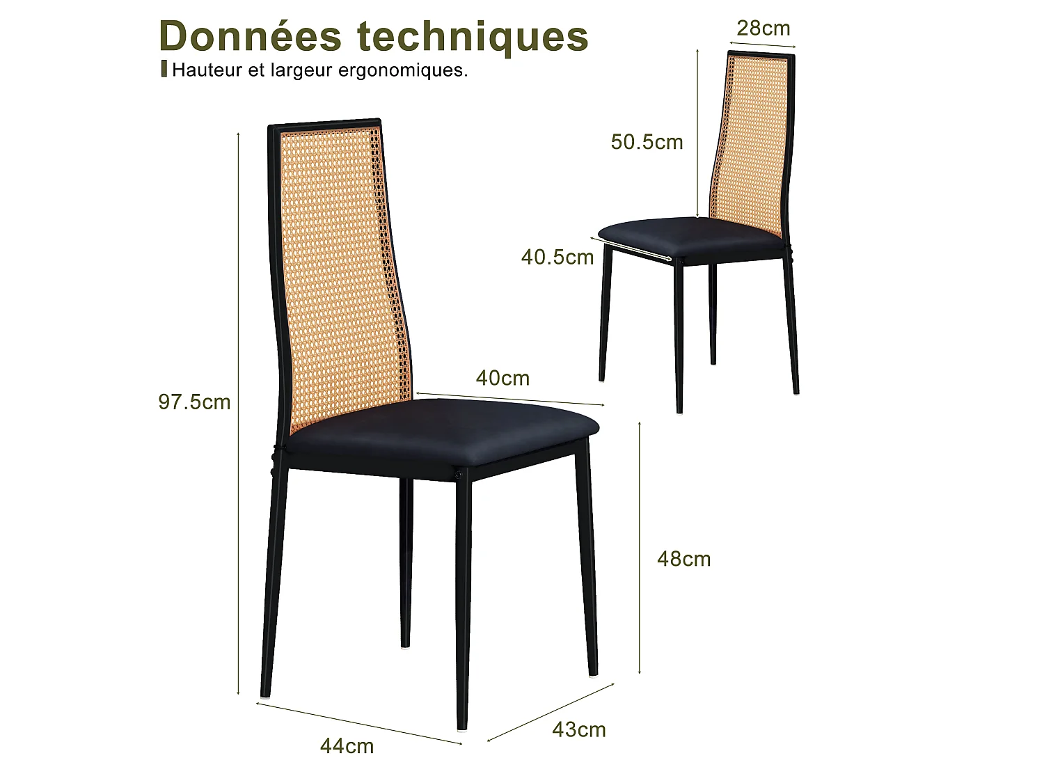 Lot de 2 chaises de salle à manger - chaise au dosseret en simili-rotin - avec pieds en métal noir - Scandinave - noir