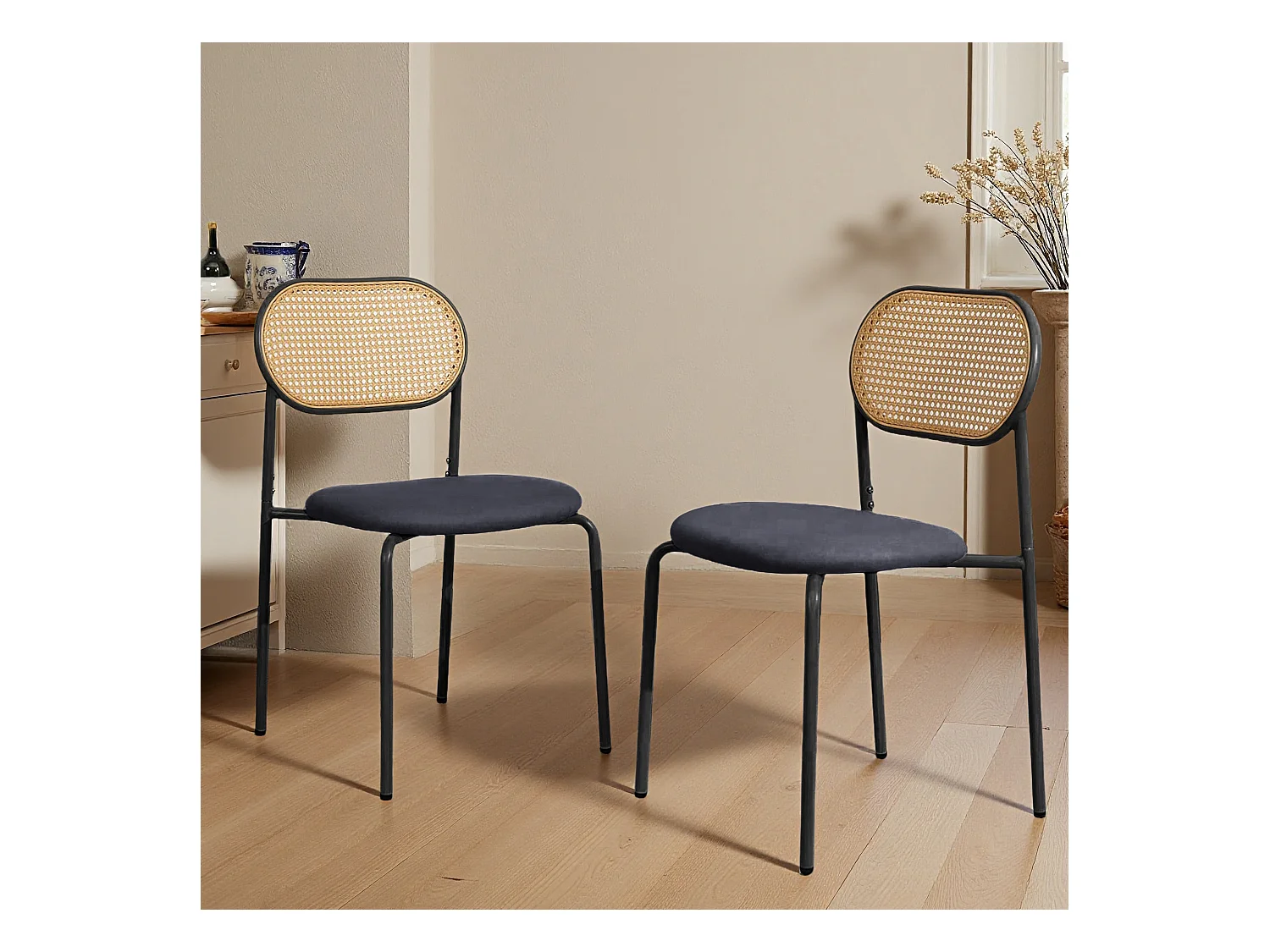 Lot de 2 chaises de salle à manger - chaise au dosseret en simili-rotin - avec pieds en métal - tissu en PU, Scandinave - noir