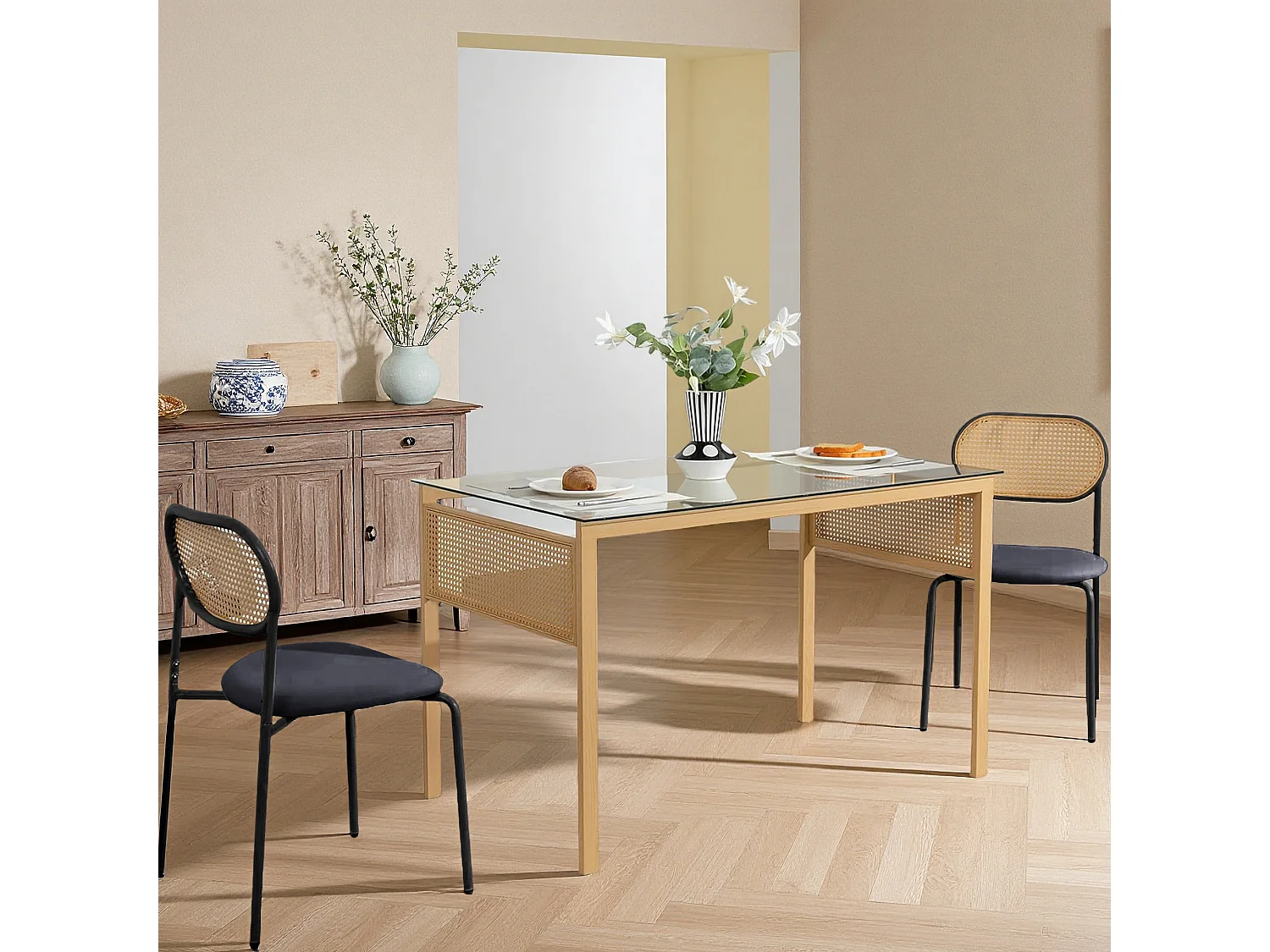 Lot de 2 chaises de salle à manger - chaise au dosseret en simili-rotin - avec pieds en métal - tissu en PU, Scandinave - noir