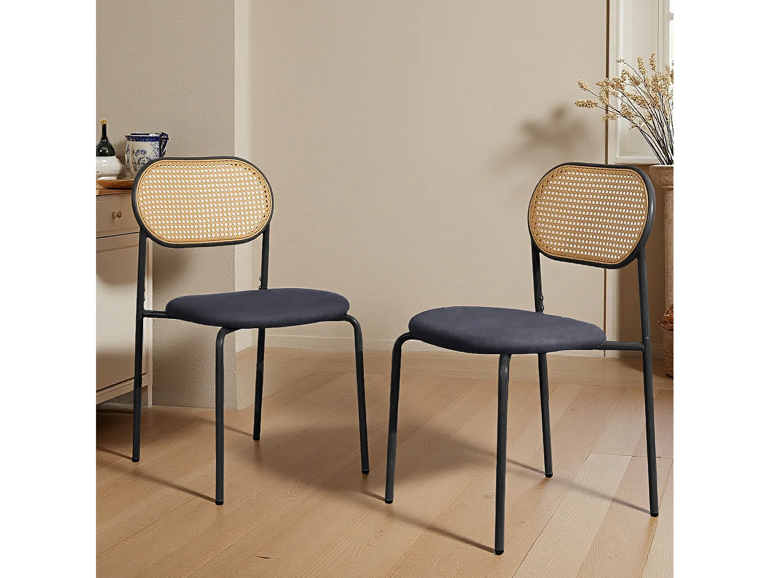 Lot de 2 chaises de salle à manger - chaise au dosseret en simili-rotin - avec pieds en métal - tissu en PU, Scandinave - noir