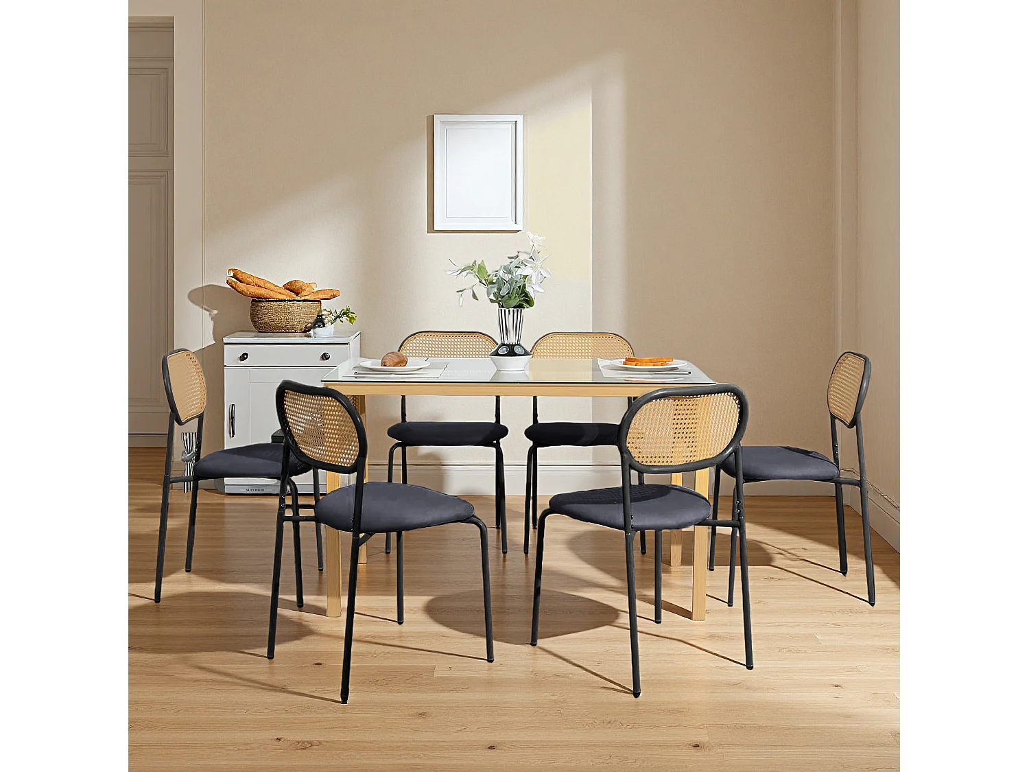 Lot de 2 chaises de salle à manger - chaise au dosseret en simili-rotin - avec pieds en métal - tissu en PU, Scandinave - noir