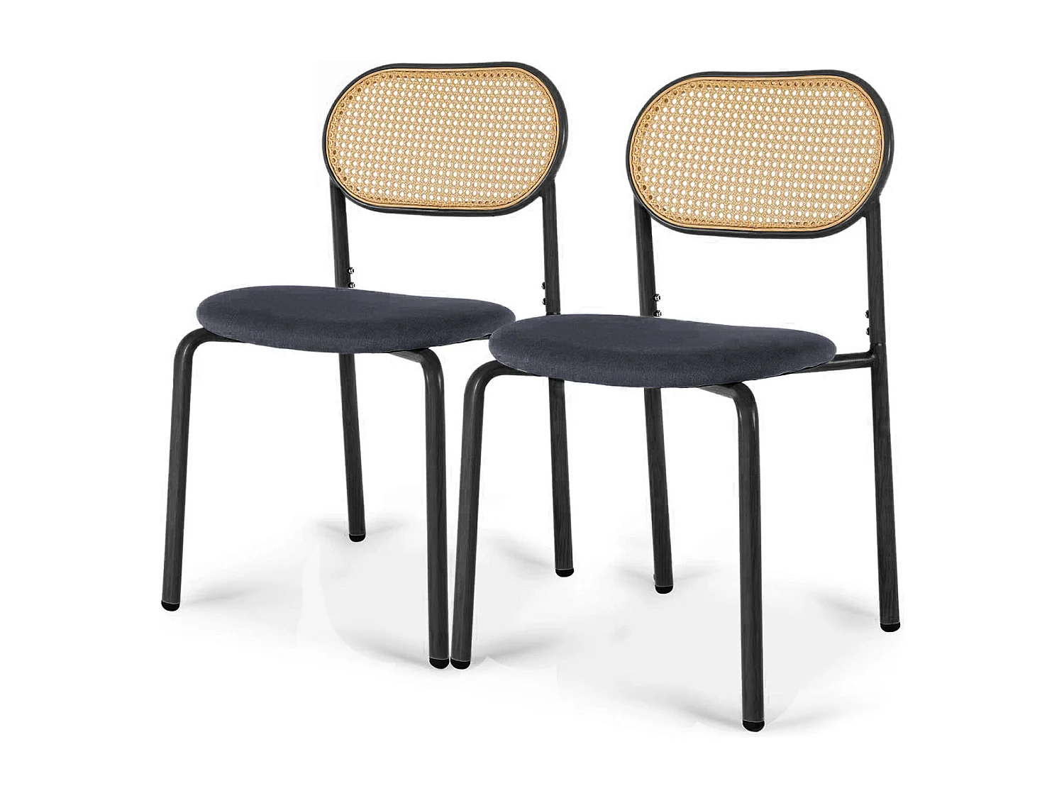 Lot de 2 chaises de salle à manger - chaise au dosseret en simili-rotin - avec pieds en métal - tissu en PU, Scandinave - noir