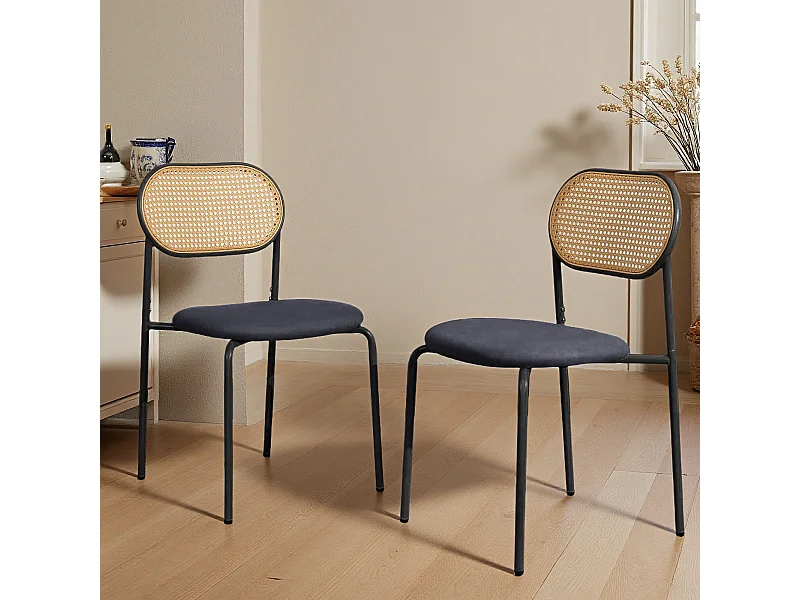Lot de 2 chaises de salle à manger - chaise au dosseret en simili-rotin - avec pieds en métal - tissu en PU, Scandinave - noir