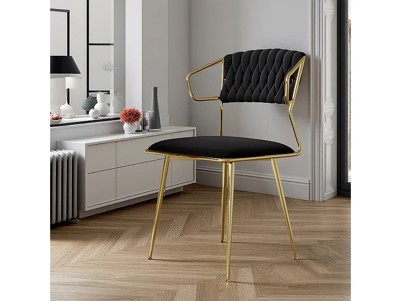 Lot de 2 chaises de salle à manger avec accoudoirs et dossier - avec pieds en métal or - tissu en velours, Scandinave - noir