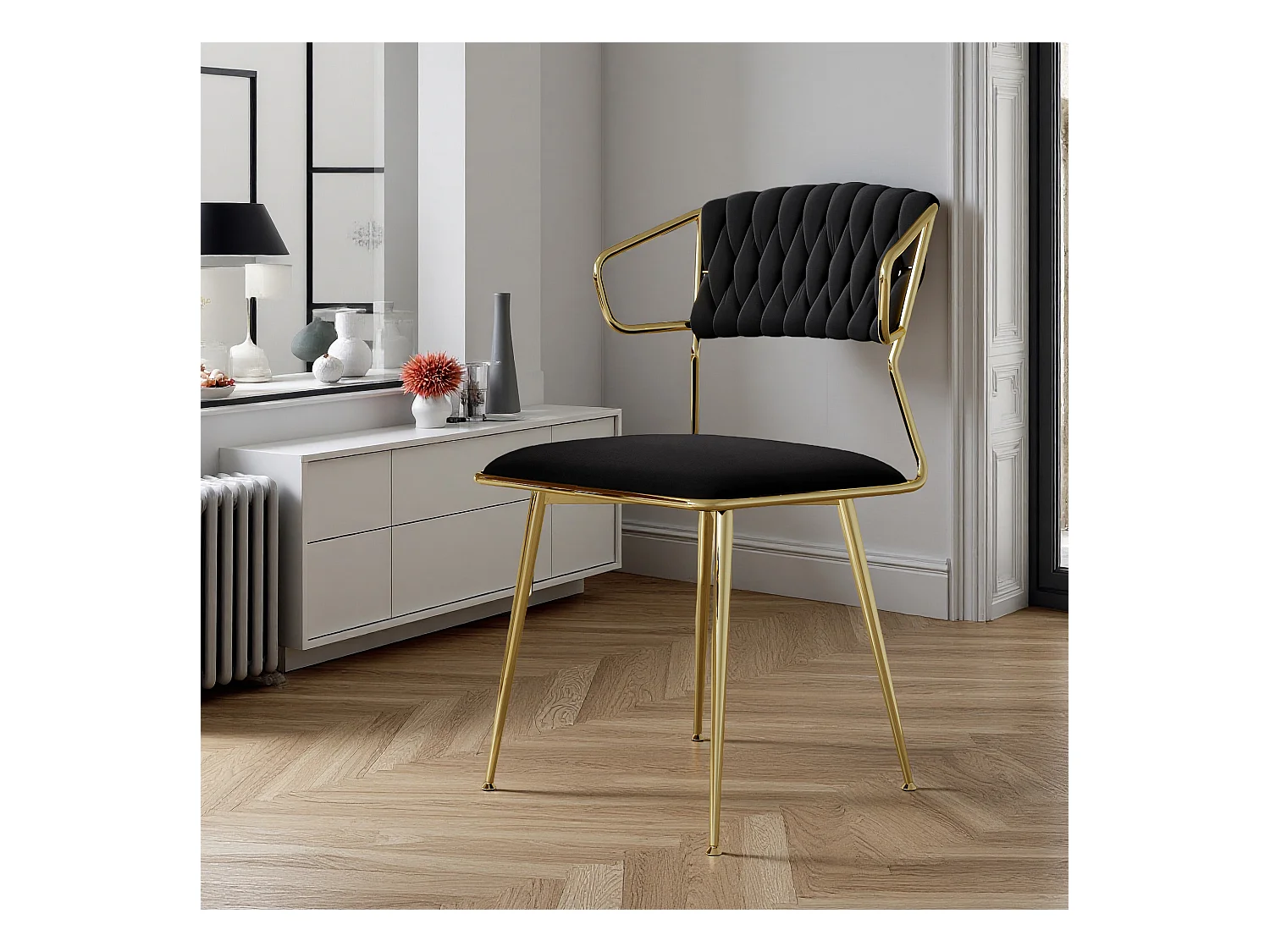 Lot de 2 chaises de salle à manger avec accoudoirs et dossier - avec pieds en métal or - tissu en velours, Scandinave - noir