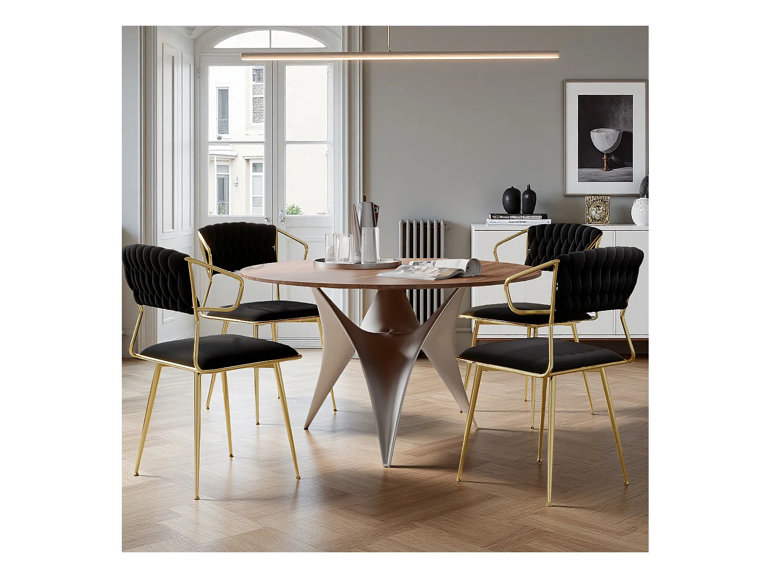 Lot de 2 chaises de salle à manger avec accoudoirs et dossier - avec pieds en métal or - tissu en velours, Scandinave - noir