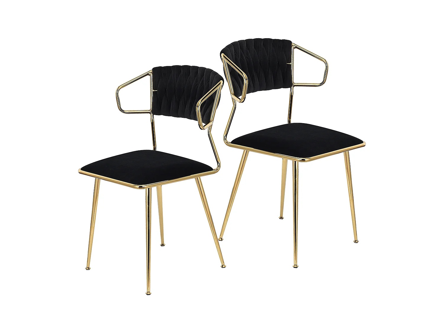 Lot de 2 chaises de salle à manger avec accoudoirs et dossier - avec pieds en métal or - tissu en velours, Scandinave - noir