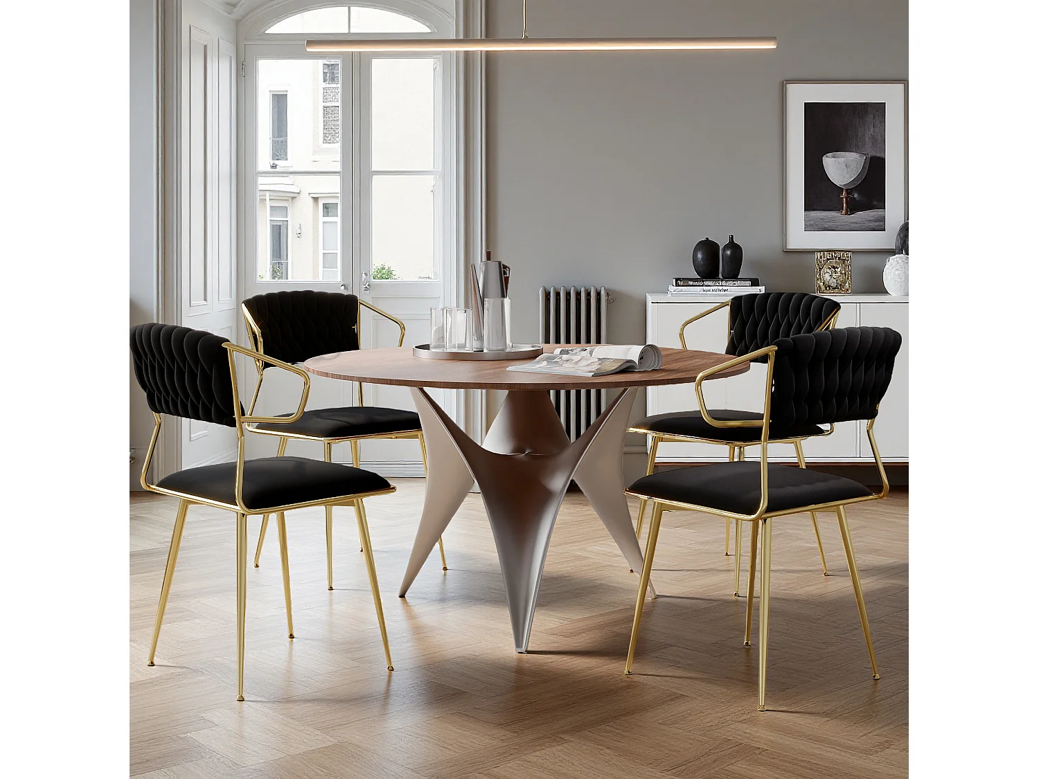 Lot de 2 chaises de salle à manger avec accoudoirs et dossier - avec pieds en métal or - tissu en velours, Scandinave - noir